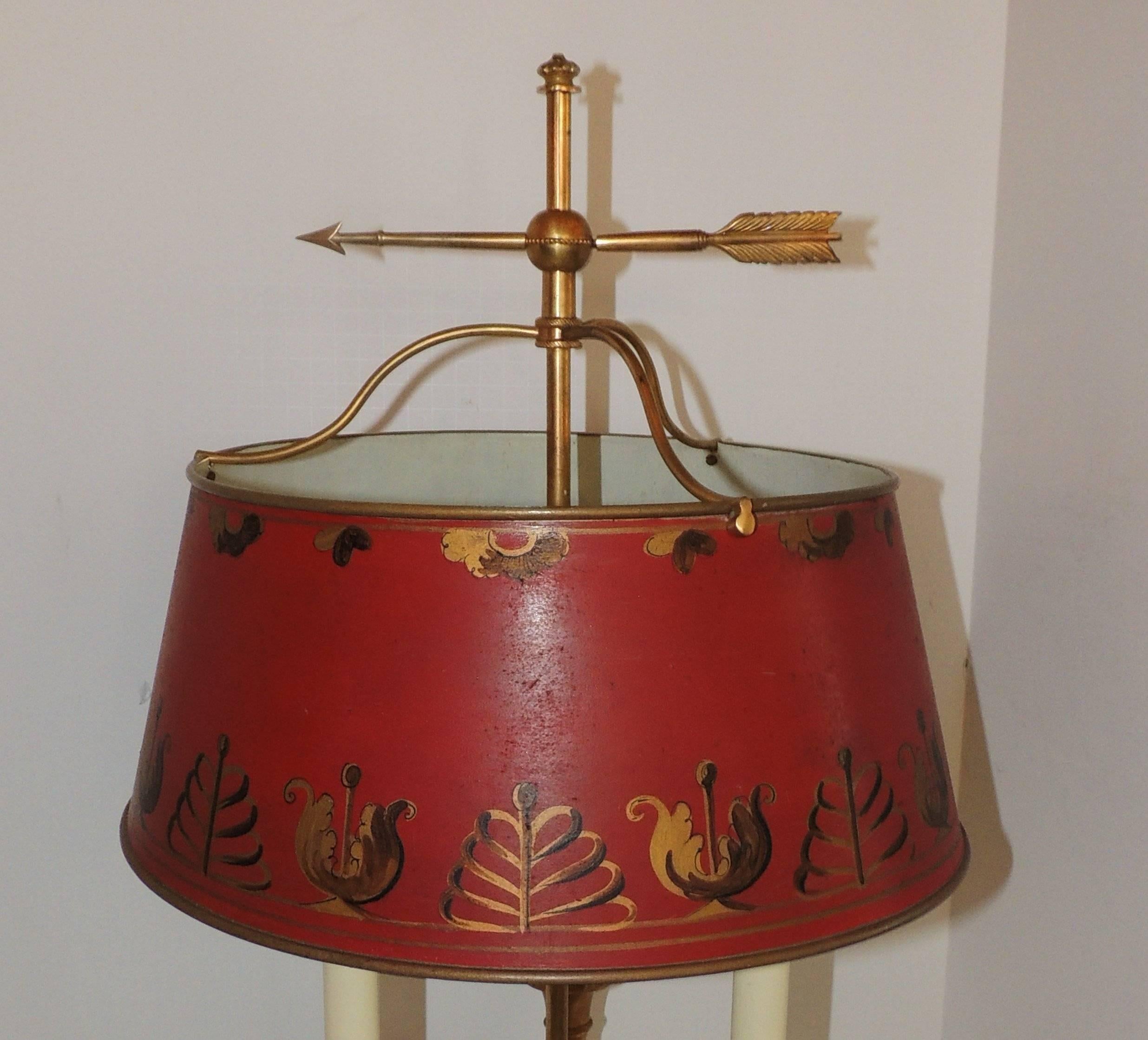 Mid-20th Century Pair of French Bronze Neoclassical Bouillotte Three Light Lamps Red Tôle Shades