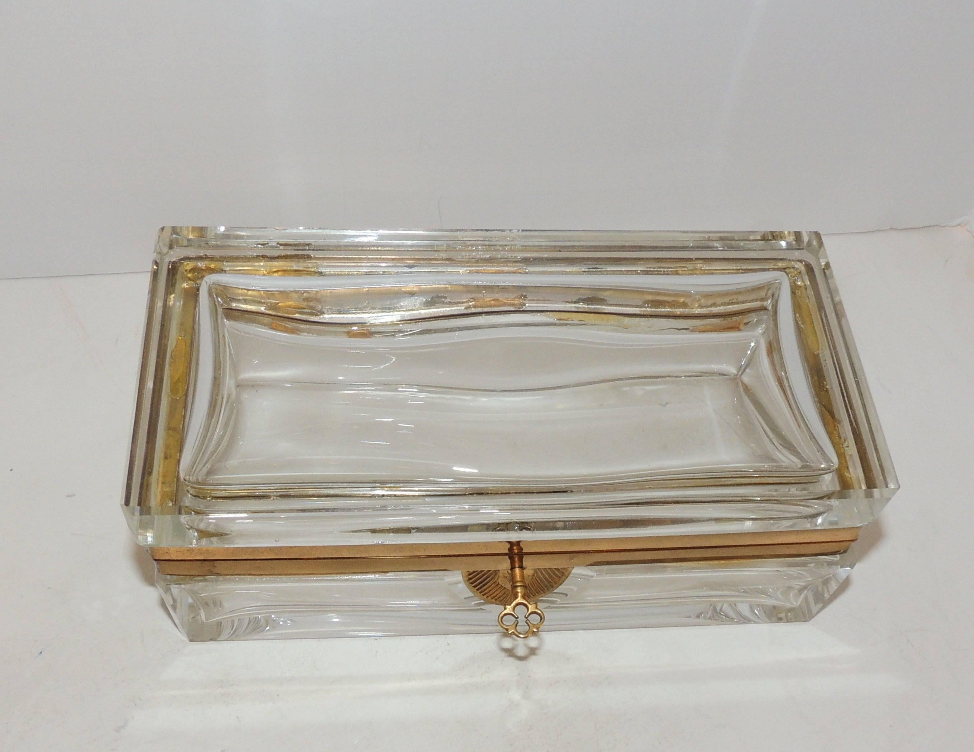 Mid-Century Modern Beautiful Doré Bronze Beveled Crystal Glass Casket Jewelry Box