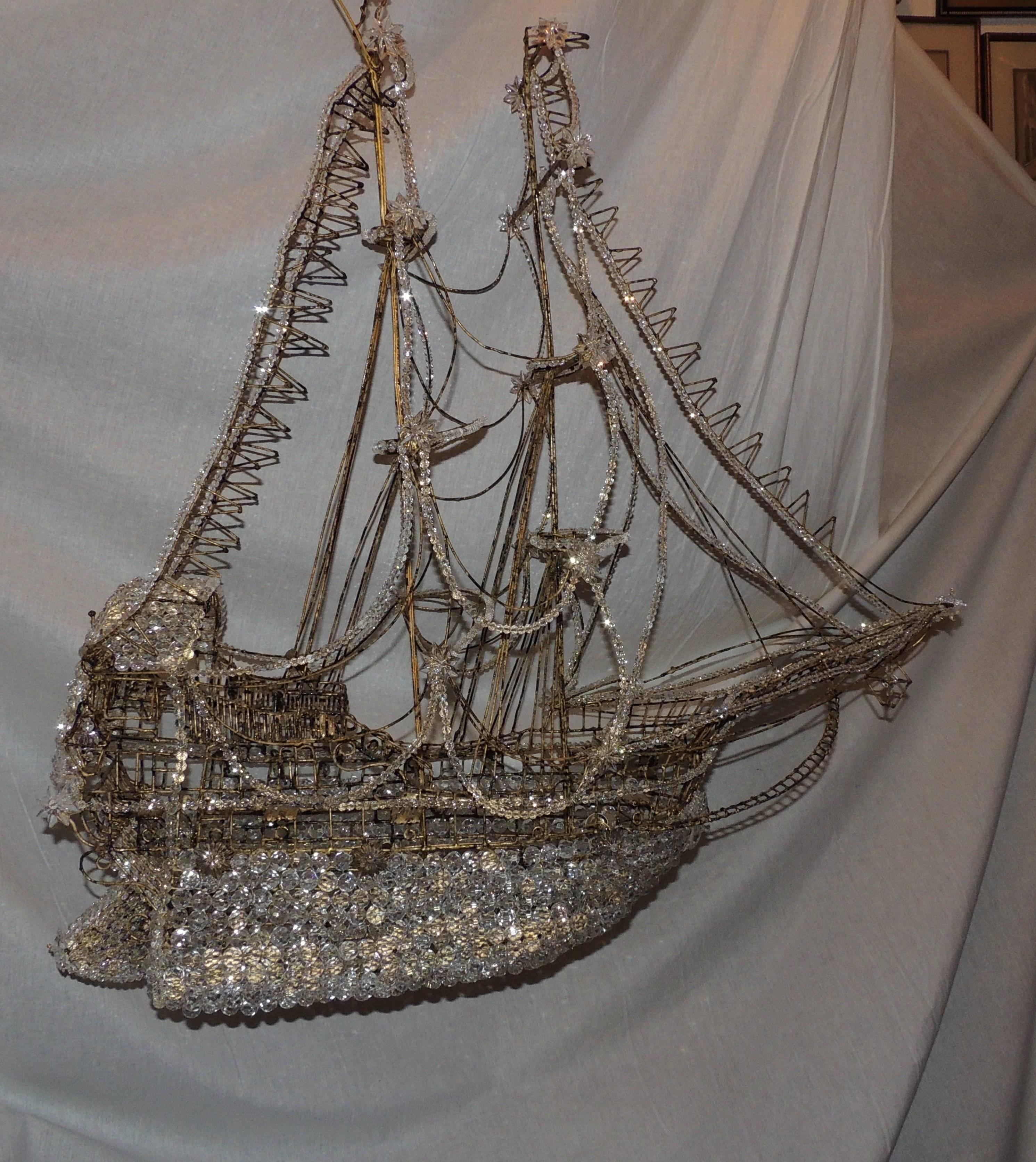 Belle Époque Beautiful Vintage Large Italian Crystal Beaded Gilt Boat Chandelier Ship Fixture