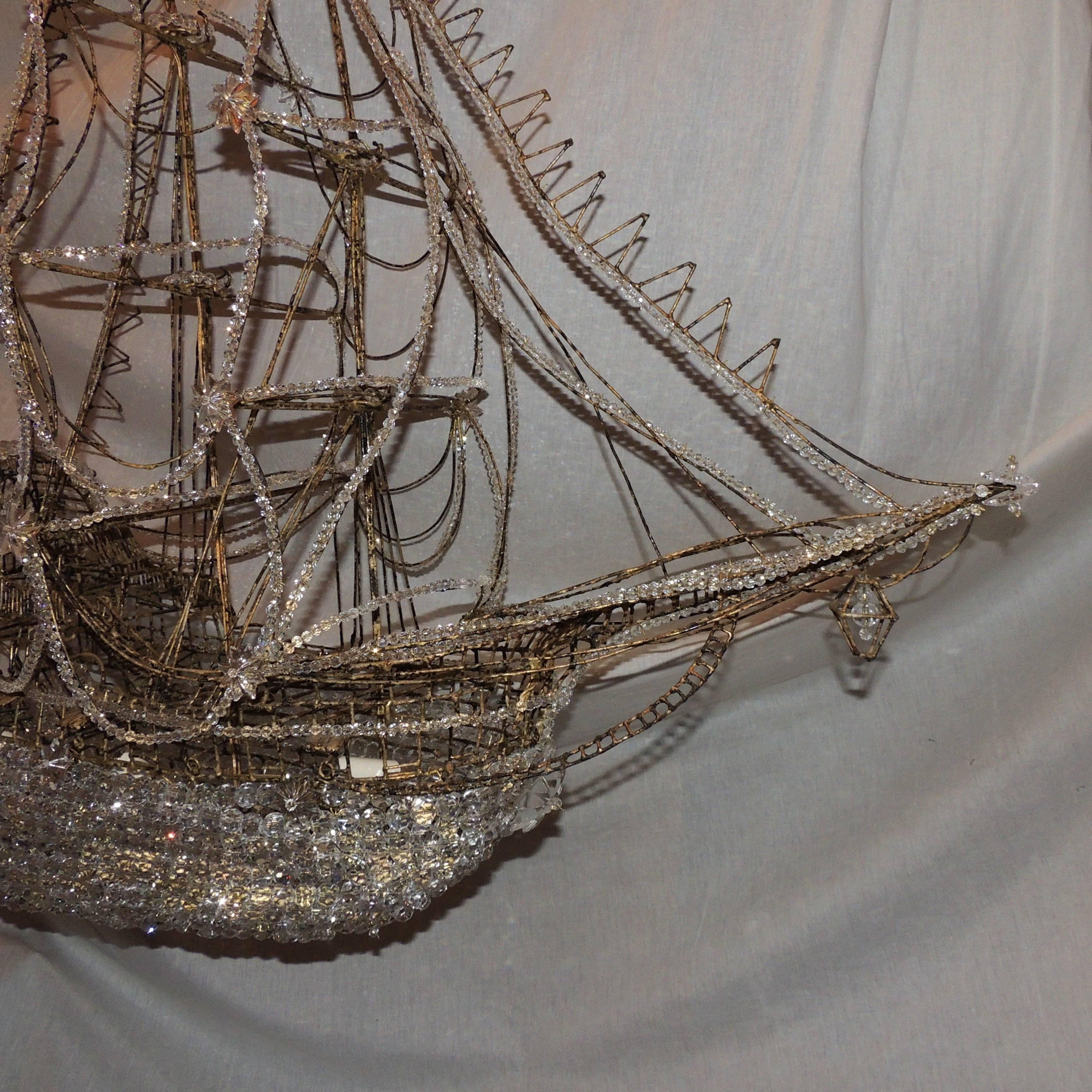 Faceted Beautiful Vintage Large Italian Crystal Beaded Gilt Boat Chandelier Ship Fixture