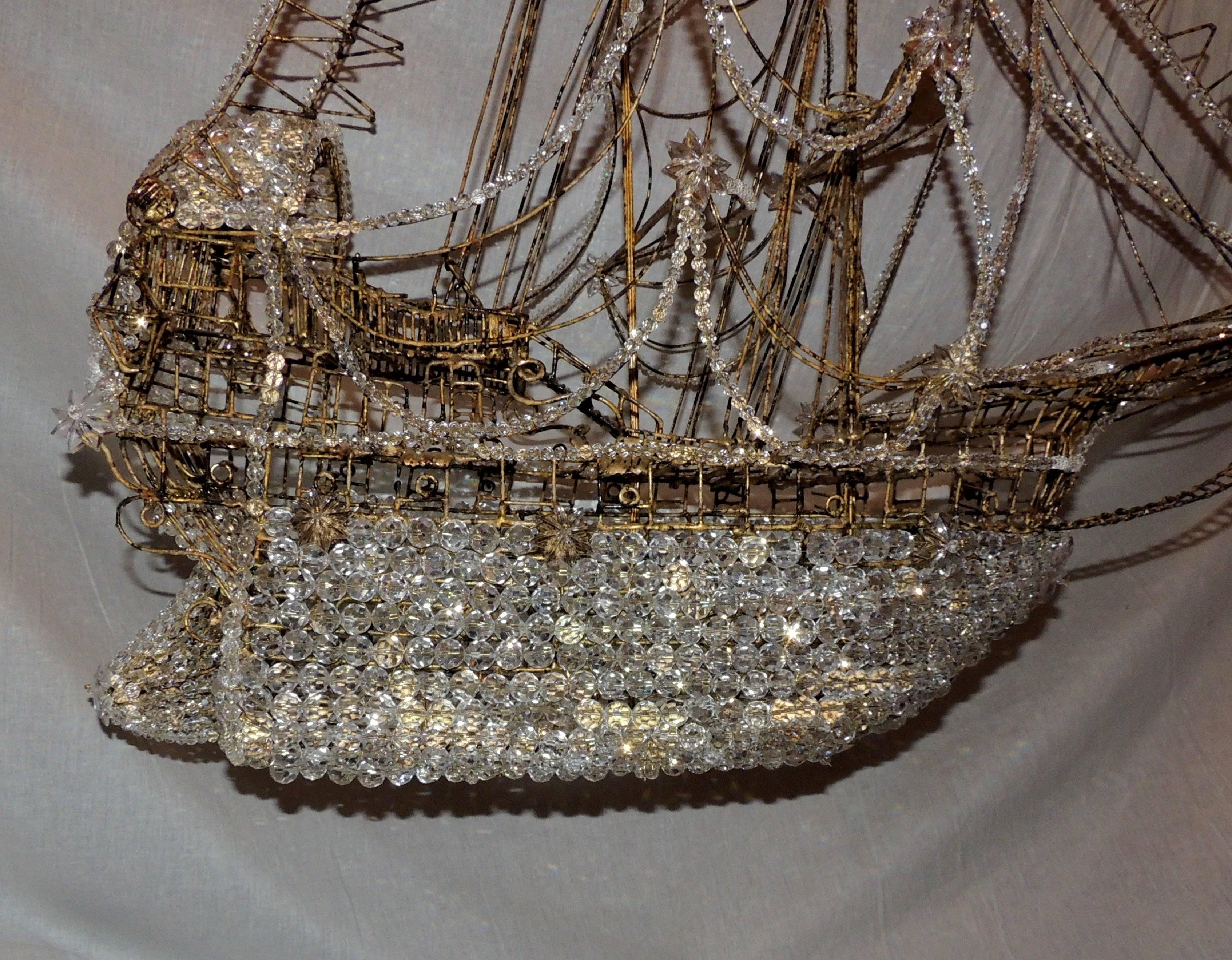 Beautiful Vintage Large Italian Crystal Beaded Gilt Boat Chandelier Ship Fixture 1