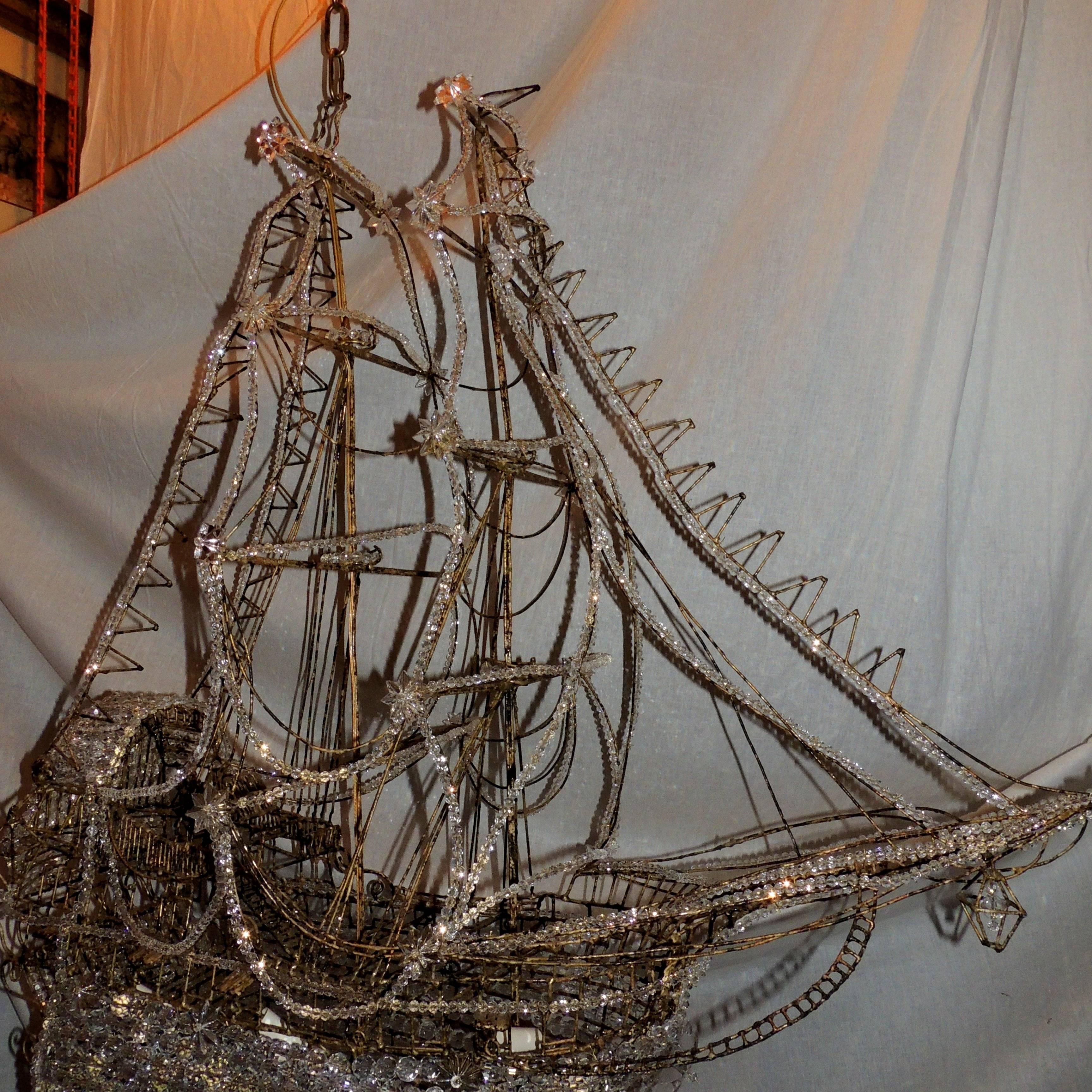 Beautiful Vintage Large Italian Crystal Beaded Gilt Boat Chandelier Ship Fixture 2