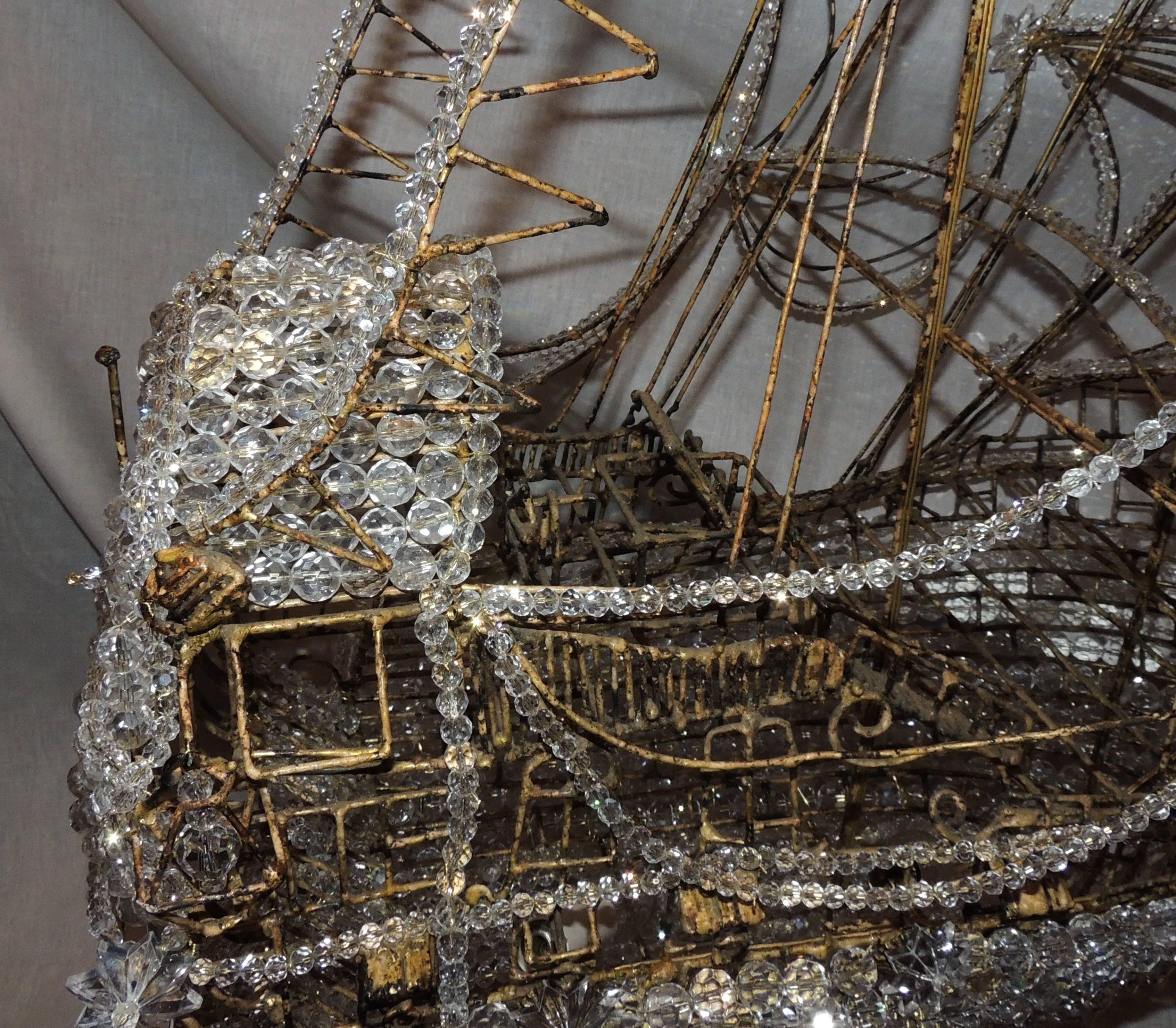 Beautiful Vintage Large Italian Crystal Beaded Gilt Boat Chandelier Ship Fixture 4