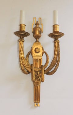 Pair of French Regency Neoclassical Wreath Draped Urn Two-Arm Bronze Sconces