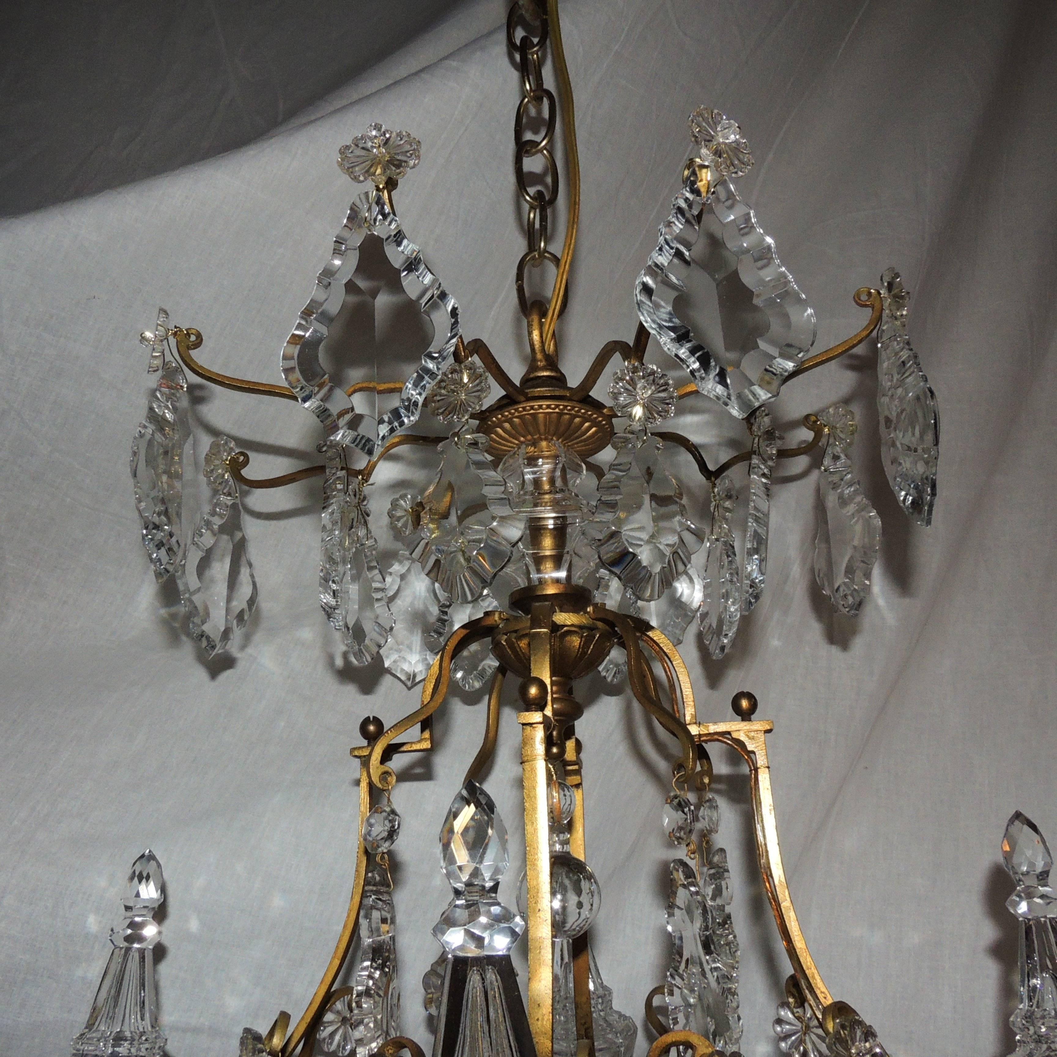 Beveled Wonderful Petite French Bronze Gilt Crystal Four-Light Chandelier Light Fixture