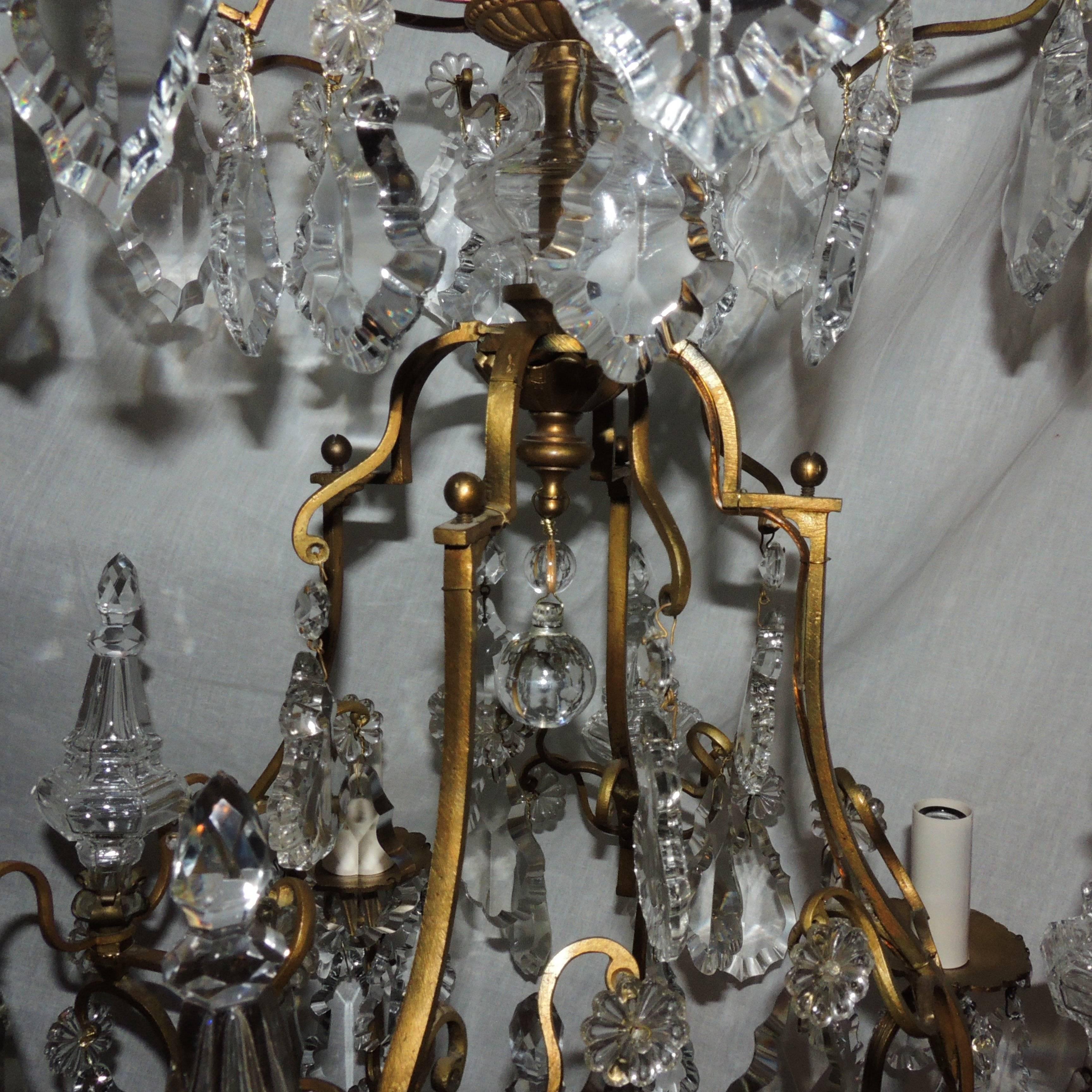 Wonderful Petite French Bronze Gilt Crystal Four-Light Chandelier Light Fixture In Good Condition In Roslyn, NY