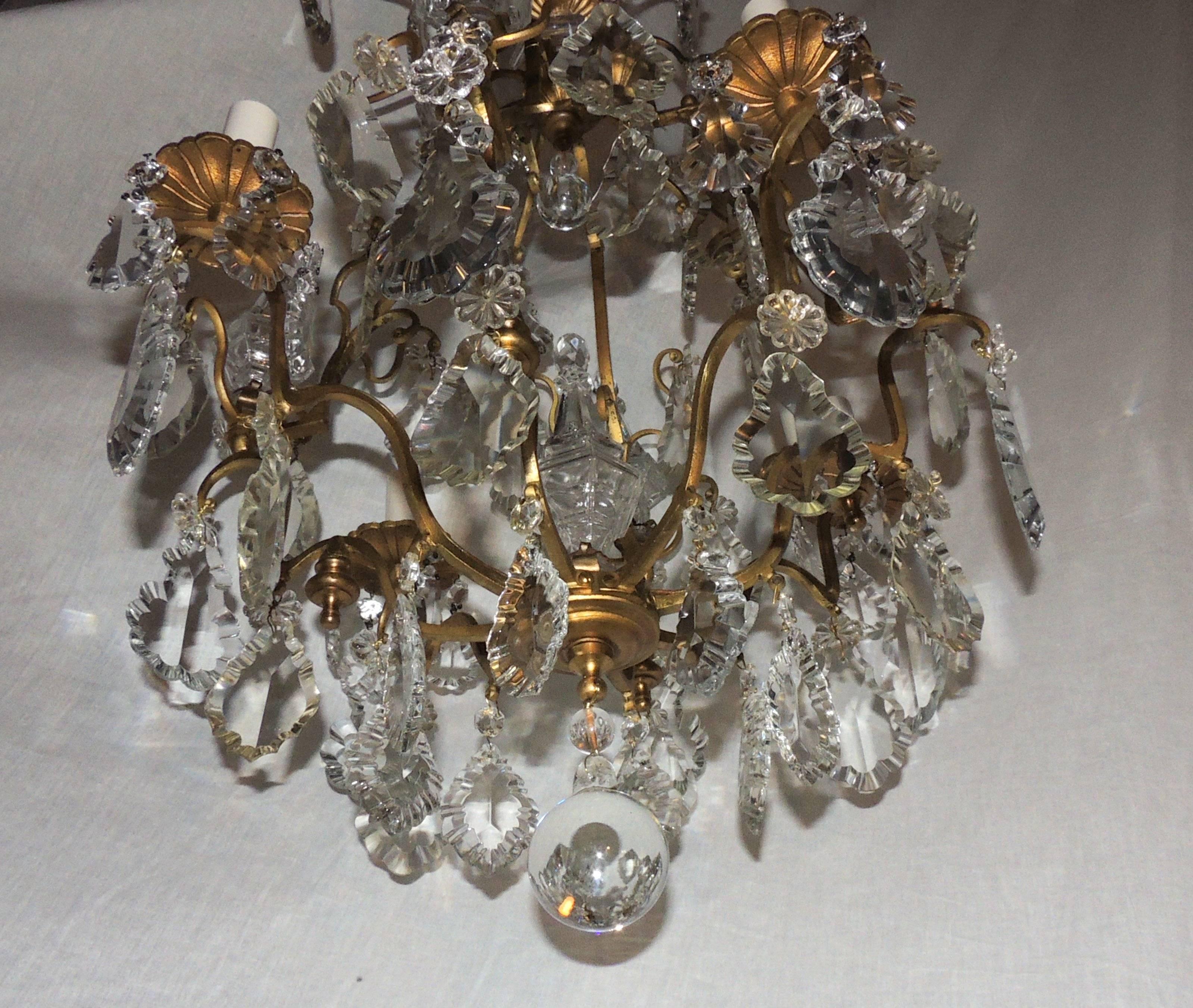 Wonderful Petite French Bronze Gilt Crystal Four-Light Chandelier Light Fixture 1