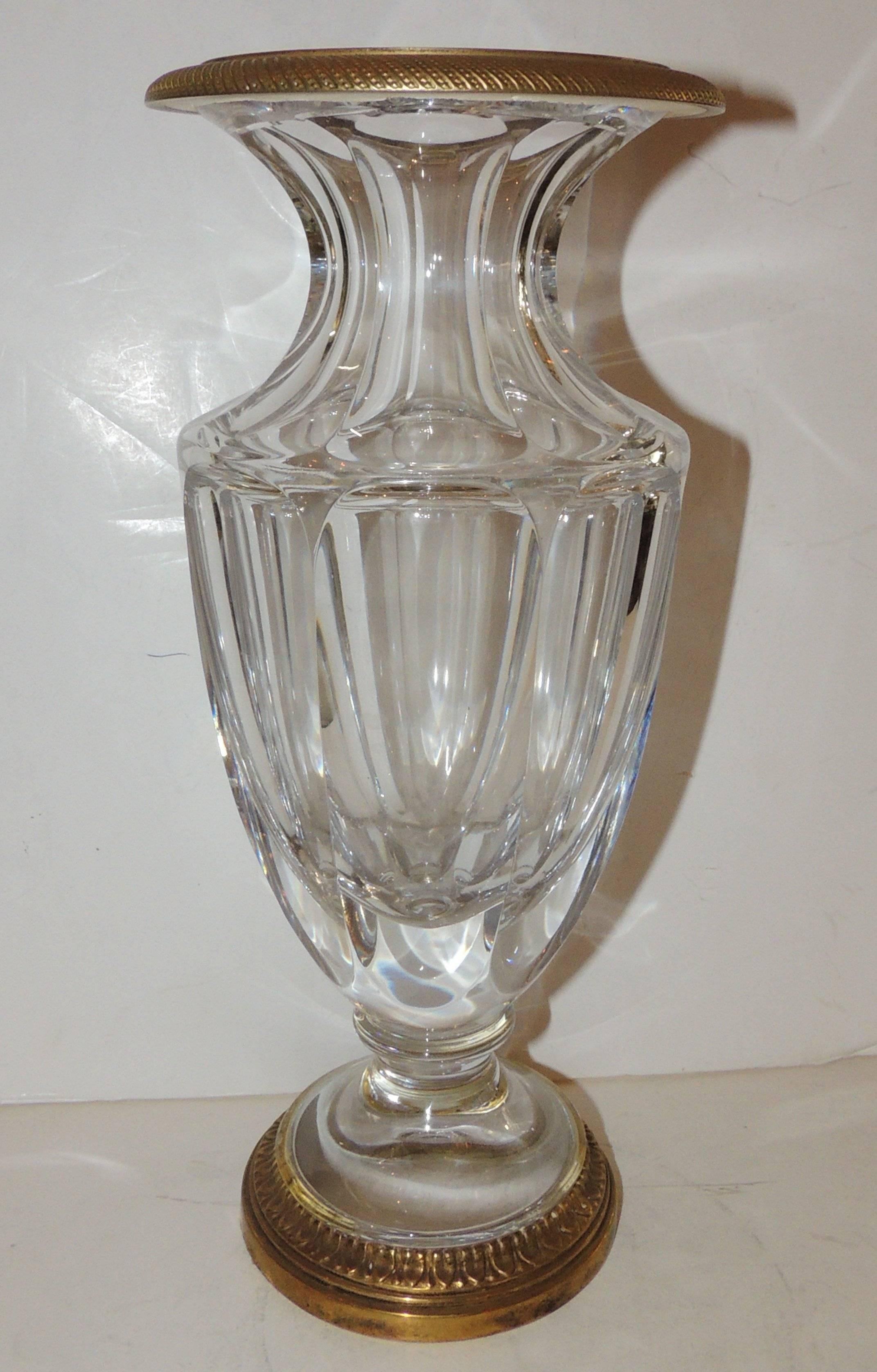 Beveled Wonderful Pair of French Empire Gilt Dore Bronze Fluted Crystal Ormolu Urn Vases