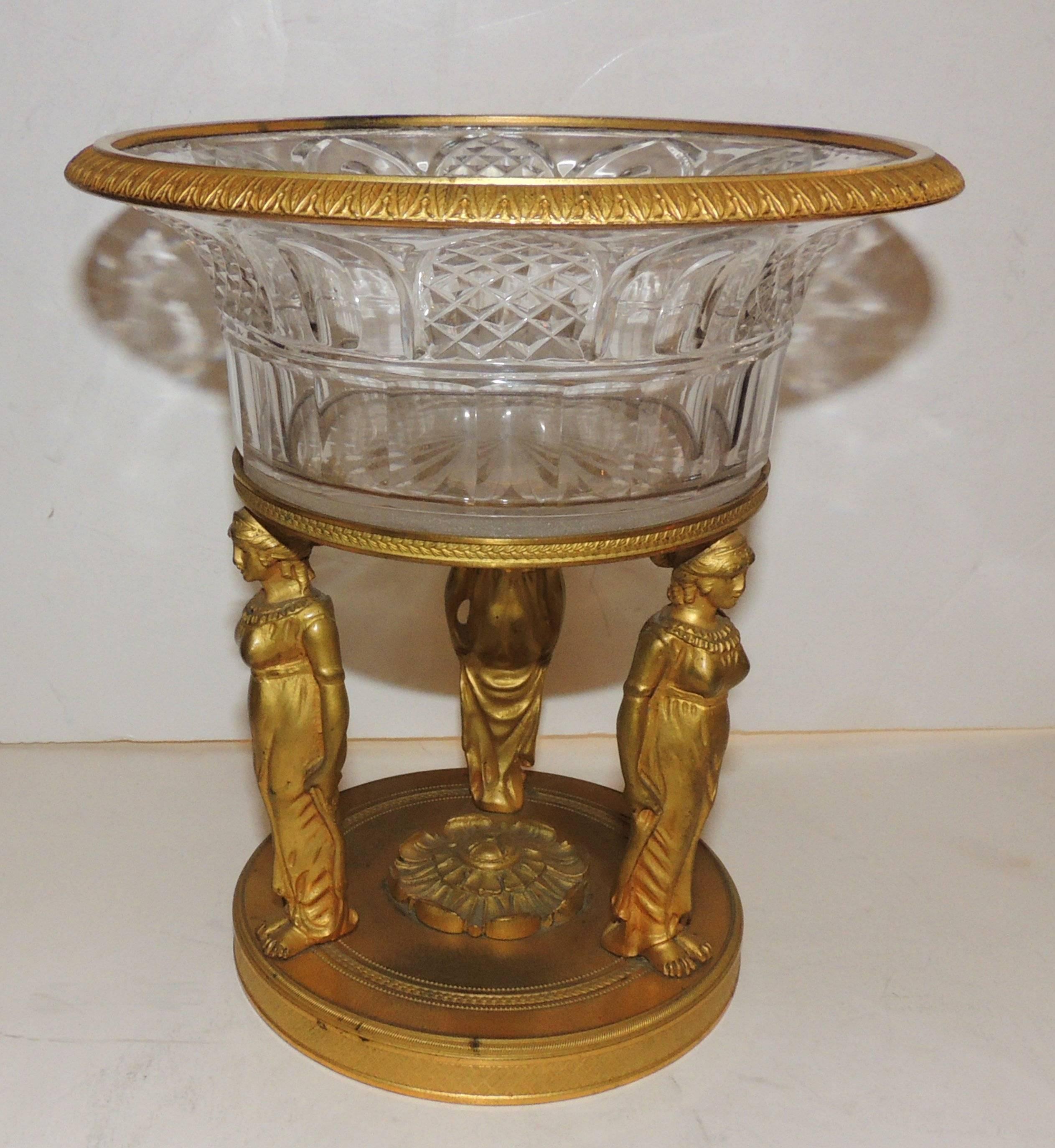 Beveled Wonderful French Empire Dore Bronze Cut Crystal Figural Neoclassical Centrepiece For Sale