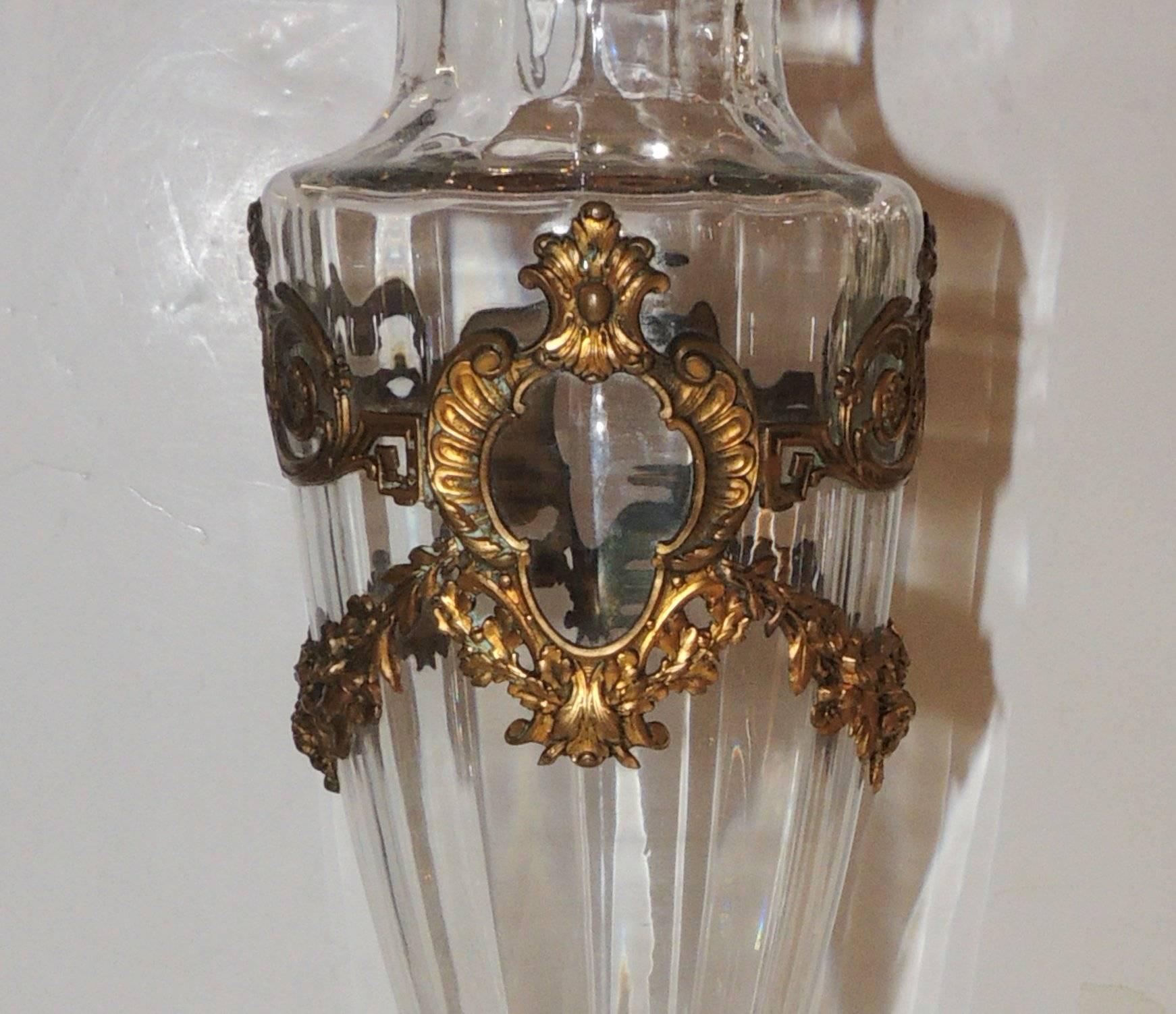 Belle Époque Wonderful Pair of French Gilt Dore Bronze Ormolu-Mounted Crystal Glass Urn Vases