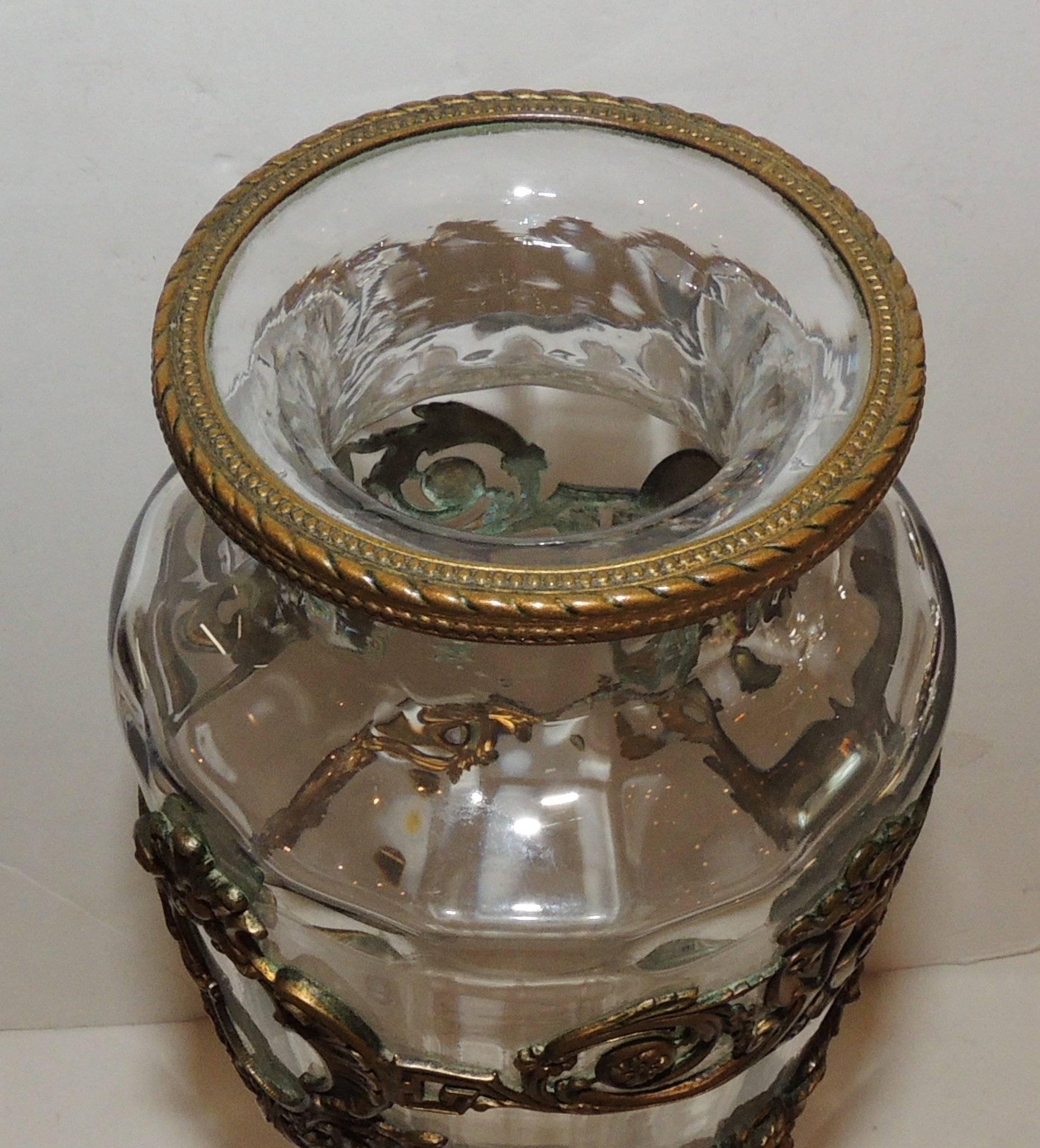 Wonderful Pair of French Gilt Dore Bronze Ormolu-Mounted Crystal Glass Urn Vases In Good Condition In Roslyn, NY
