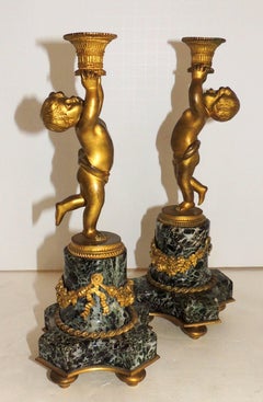 Wonderful Pair French Dore Bronze Cherub Putti Ormolu Swag Marble Candlesticks