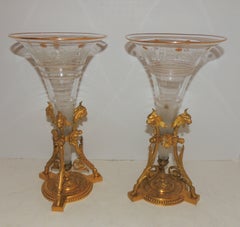 Handsome Pair of Gilt Doré Bronze Three Lion Head Etched Crystal Ormolu Vases