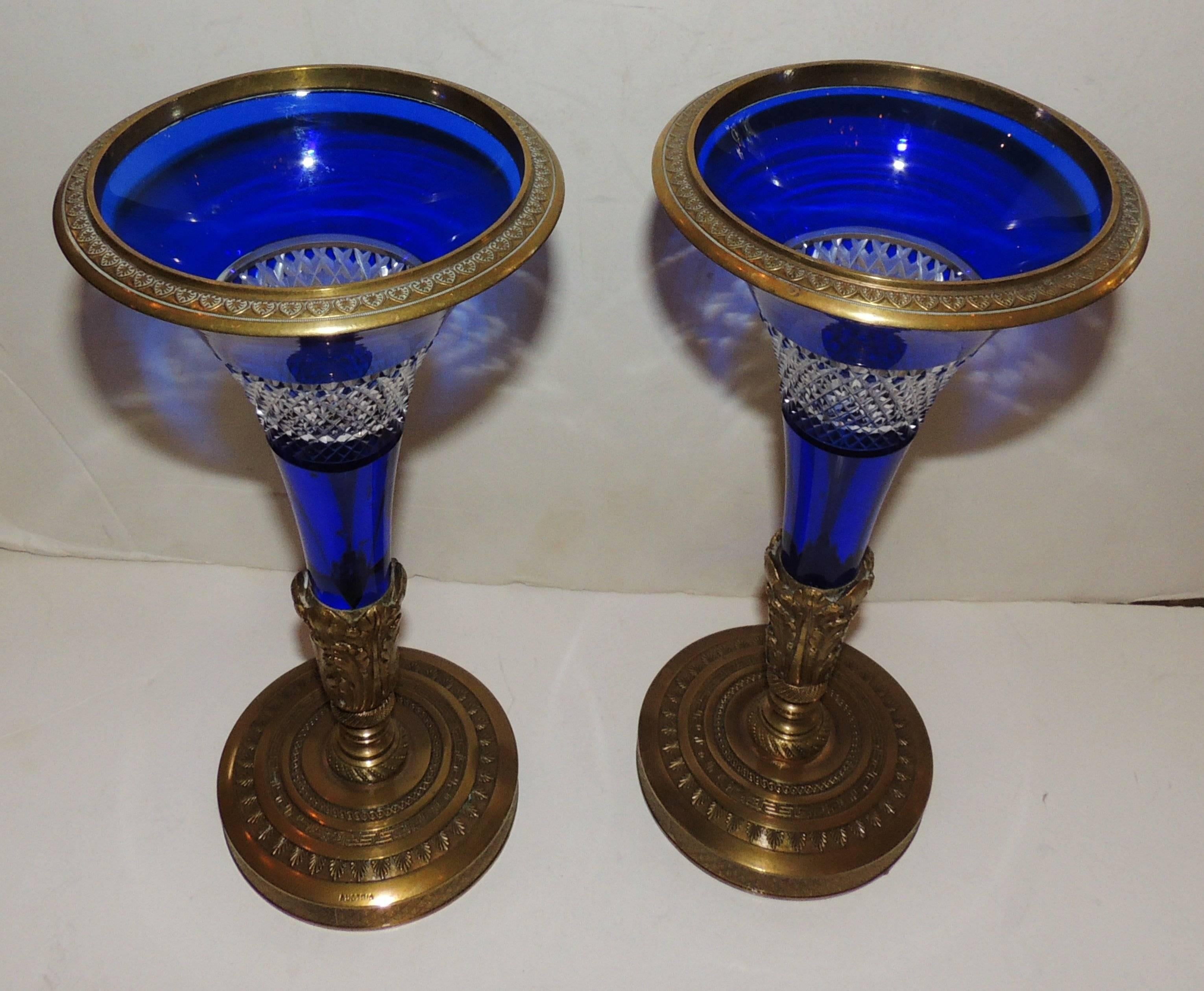 Regency Pair of Austrian Gilt Doré Bronze-Mounted Cobalt Cut Crystal Ormolu Vases