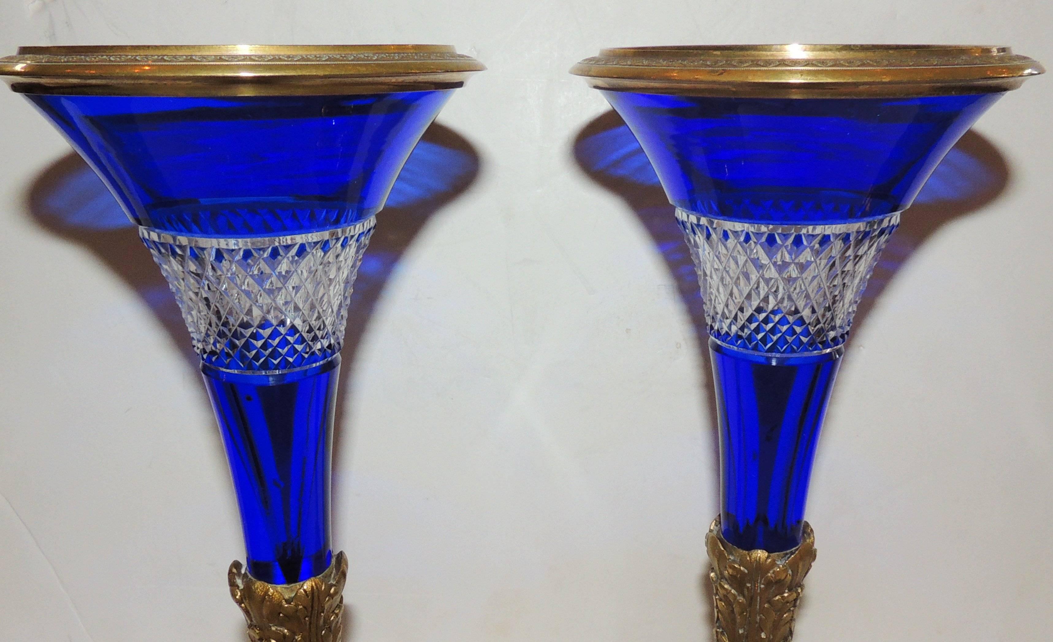 Etched Pair of Austrian Gilt Doré Bronze-Mounted Cobalt Cut Crystal Ormolu Vases