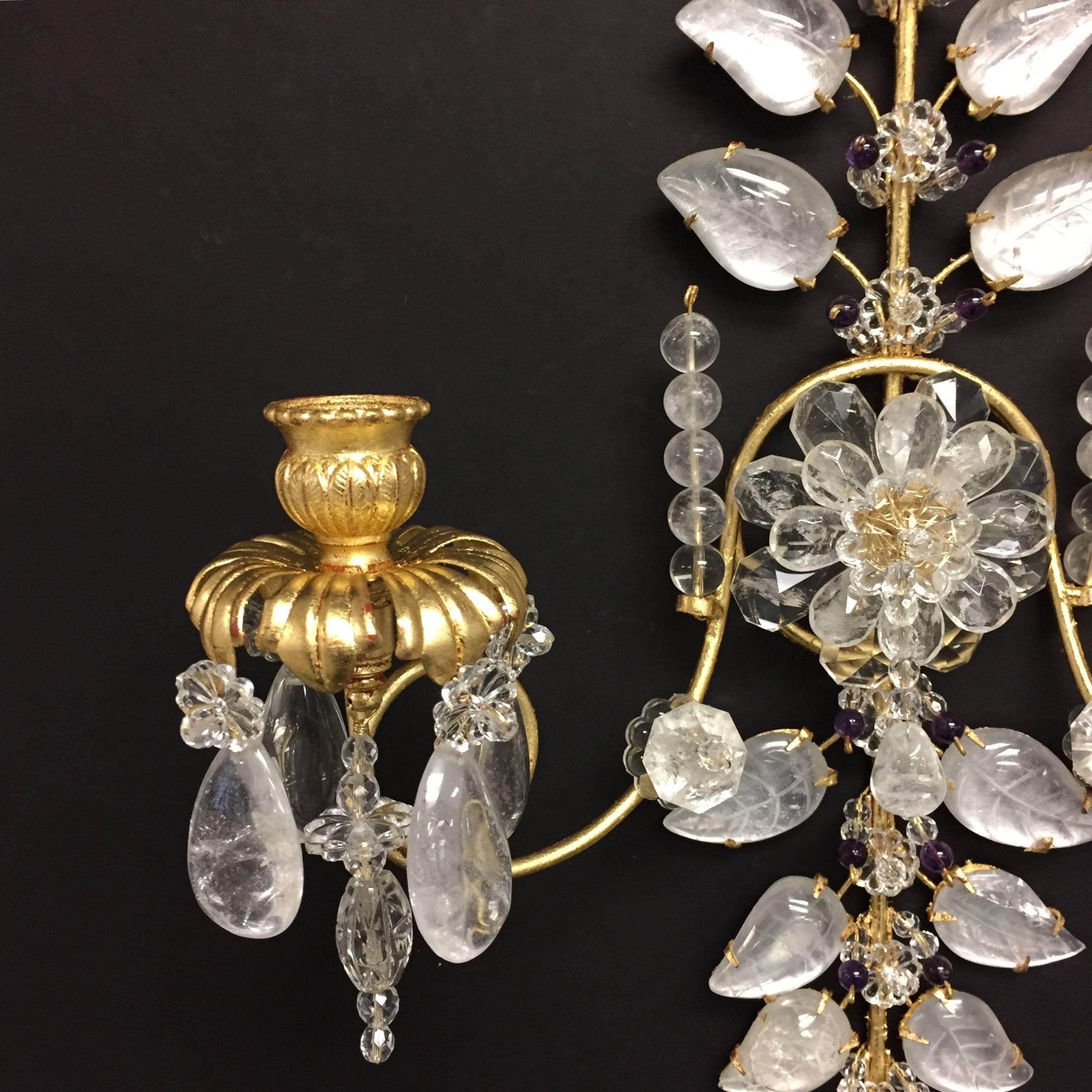Pair of Rock Bagues Crystal Amethyst Beads Two-Arm Transitional Sconces In Good Condition In Roslyn, NY