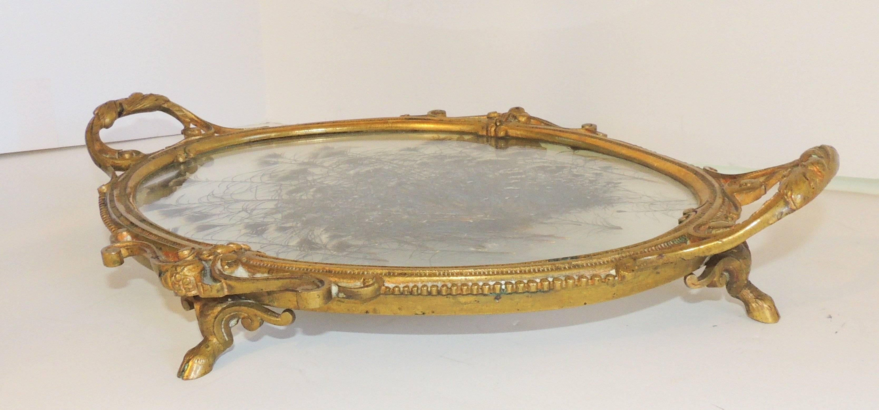 Rococo French Etched Bronze Centerpiece Tray with Pressed Feather Glass Insert Center