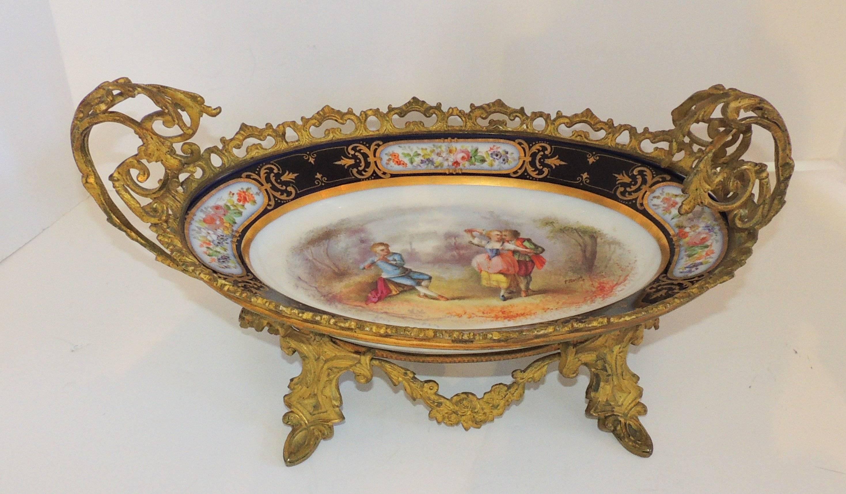 Mid-20th Century Wonderful French Ormolu Bronze Sevres Hand-Painted Porcelain Centerpiece Tray For Sale