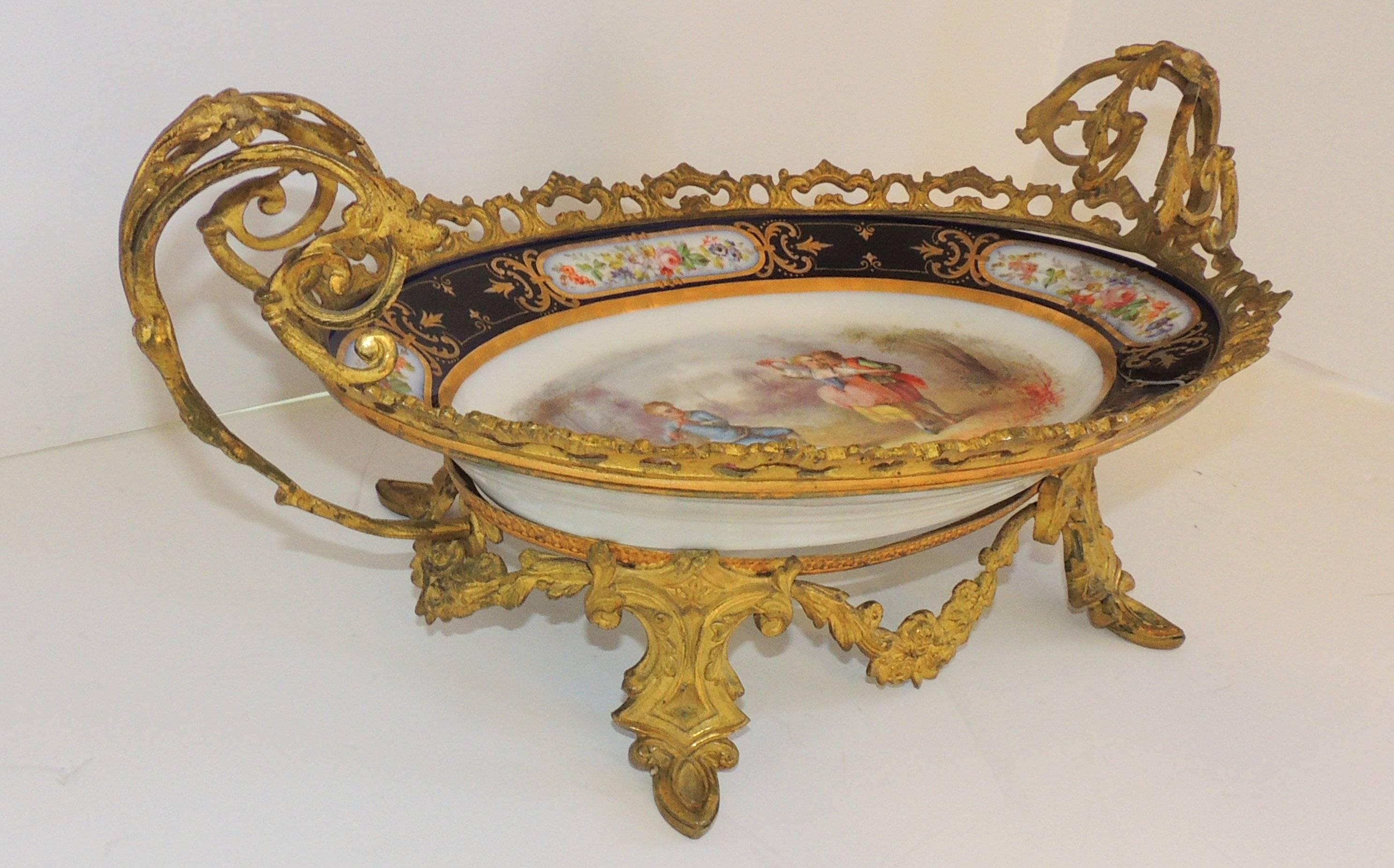 Wonderful French Ormolu Bronze Sevres Hand-Painted Porcelain Centerpiece Tray For Sale 2