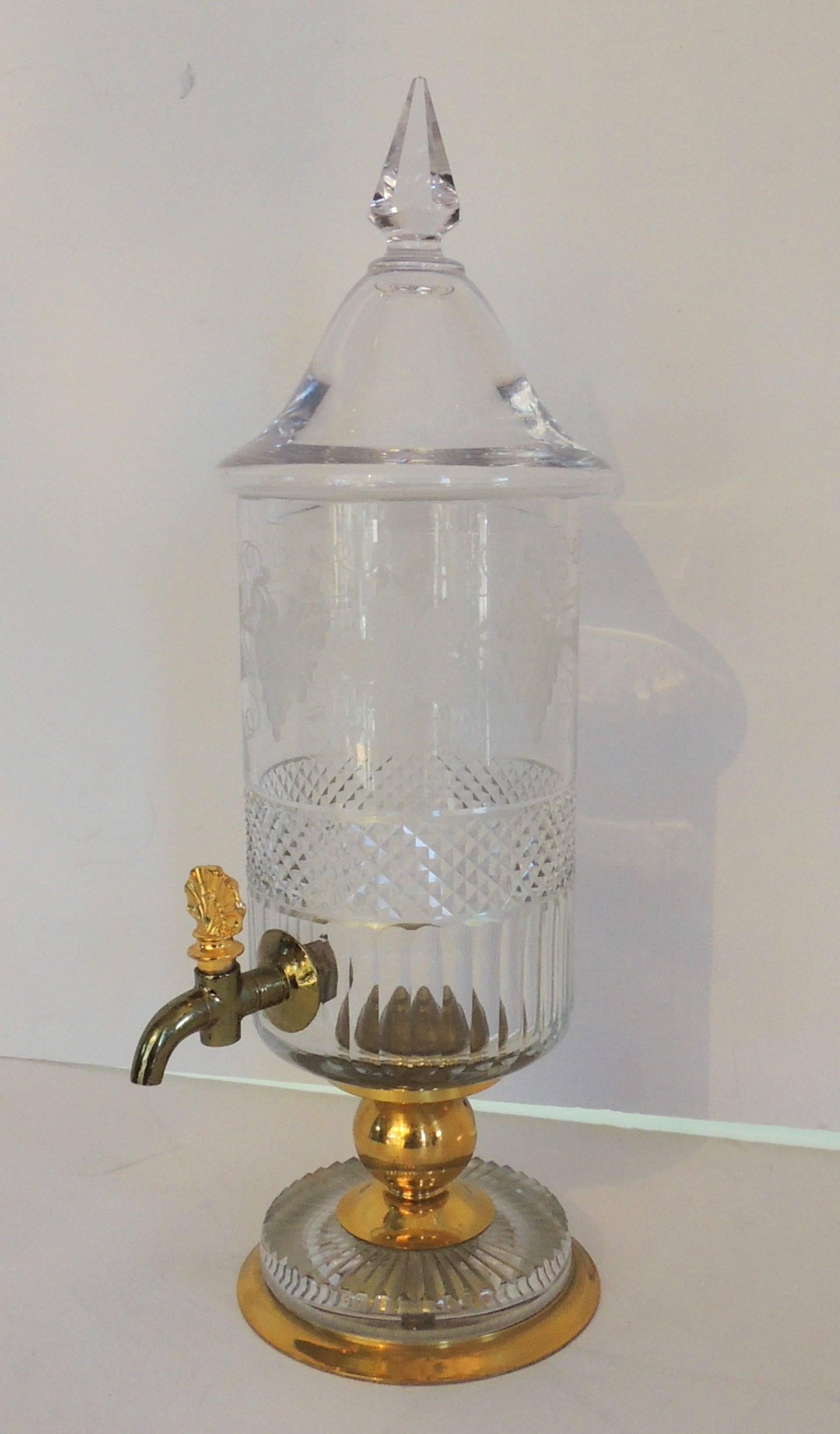 Wonderful French gilt etched glass crystal baccarat beverage bar ware server decanter and ormolu spigot
Measures: 15