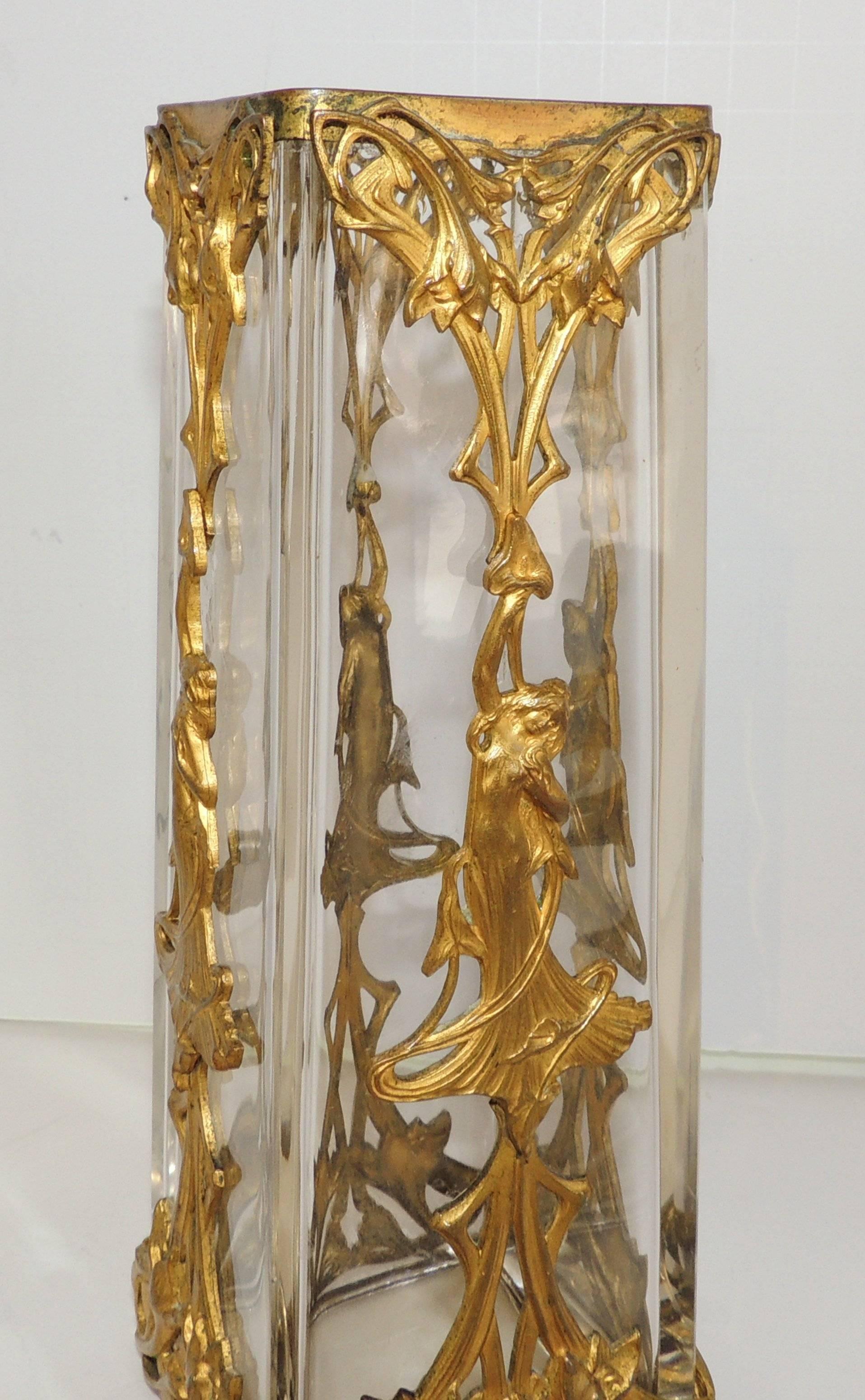 Wonderful French Lady Figure Art Nouveau Ormolu-Mounted Gilt Bronze Crystal Vase In Good Condition For Sale In Roslyn, NY