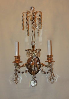 Wonderful Pair of French Dore Bronze Neoclassical Two-Arm Draped Crystal Sconces