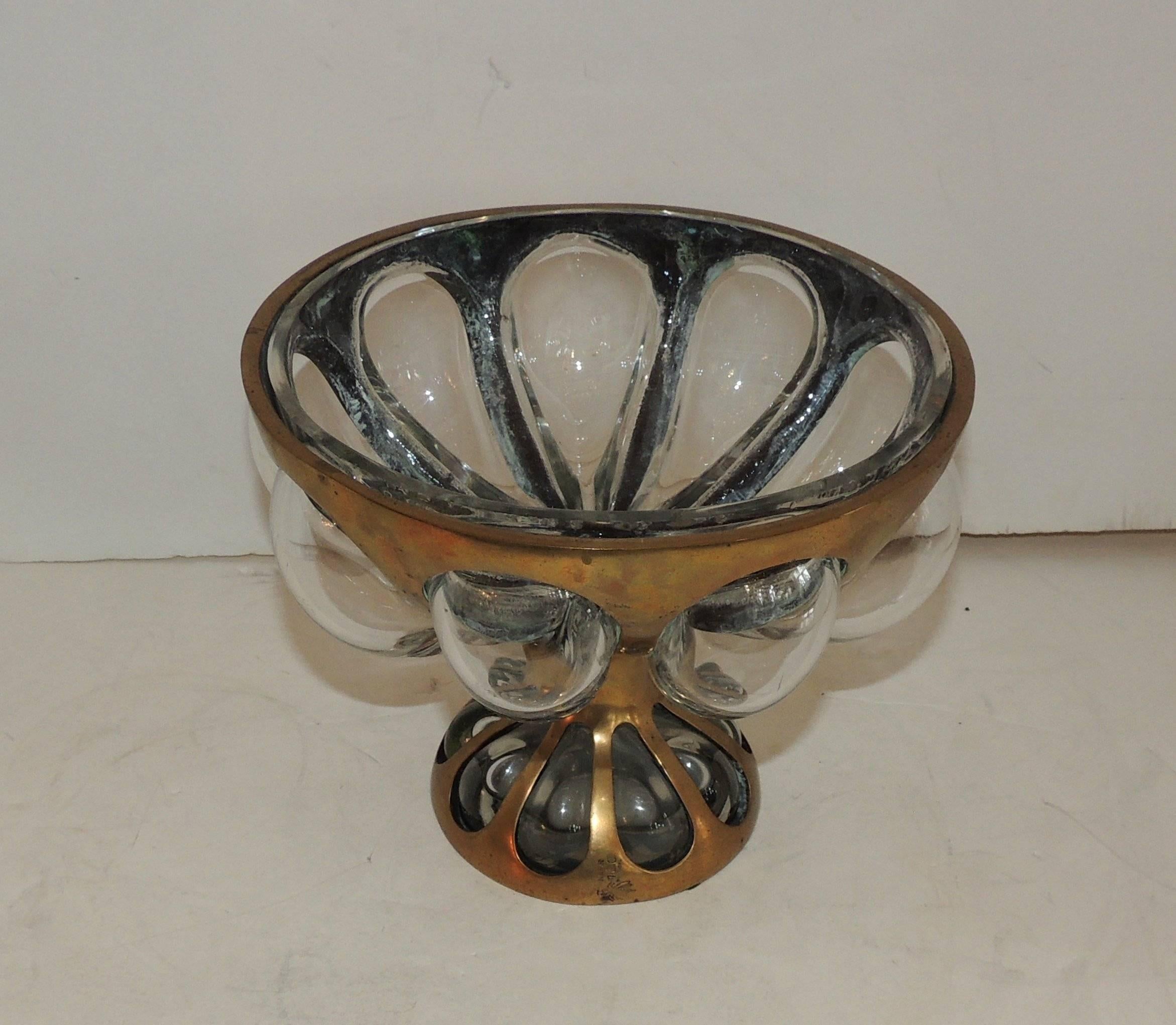 A Mid-Century Modern Nepir Portugal bubble glass bronze pedestal bowl centerpiece 

Measures: 9