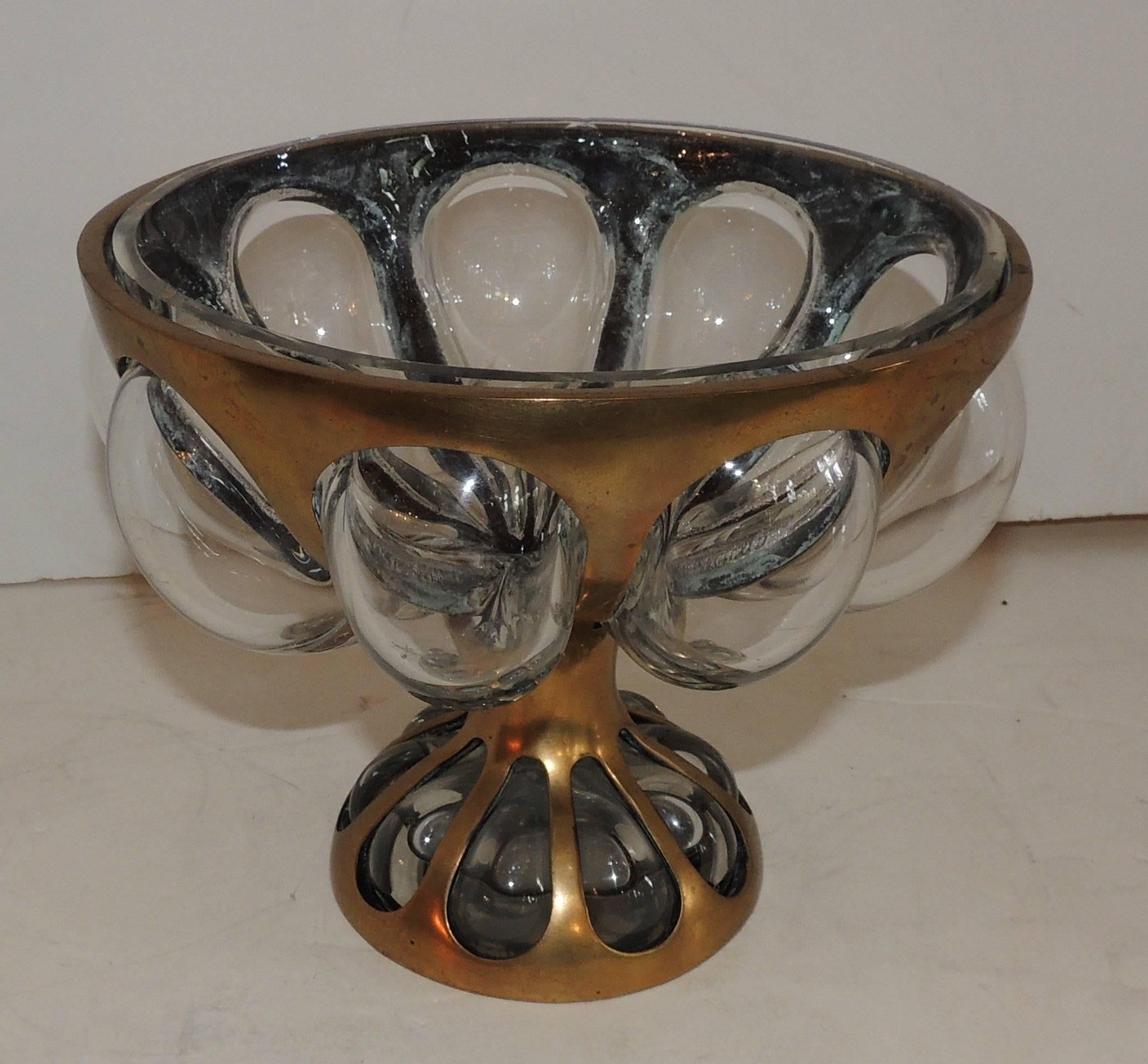 Portuguese Mid-Century Modern Nepir Portugal Bubble Glass Bronze Pedestal Bowl Centerpiece
