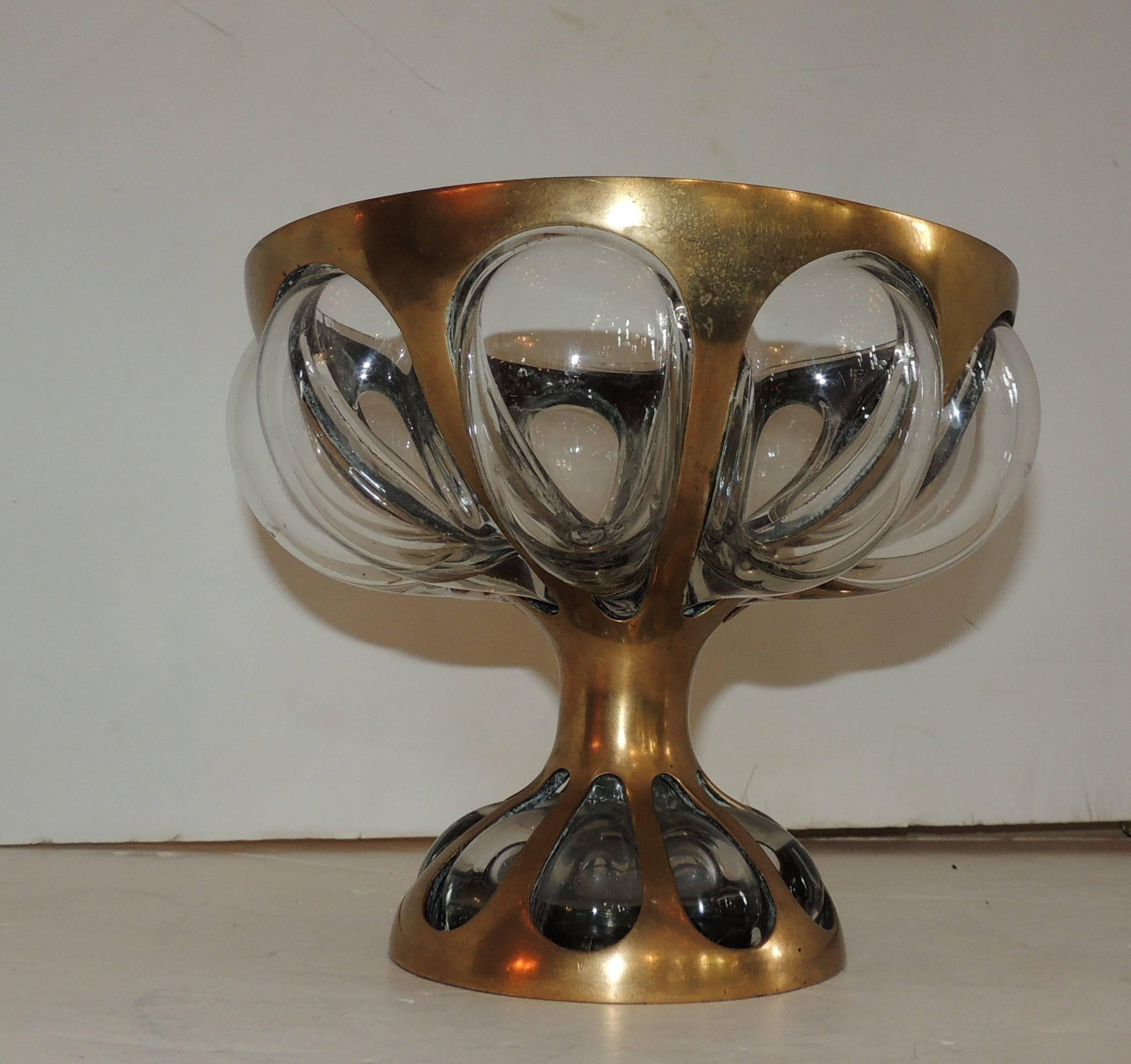 Mid-Century Modern Nepir Portugal Bubble Glass Bronze Pedestal Bowl Centerpiece In Good Condition In Roslyn, NY