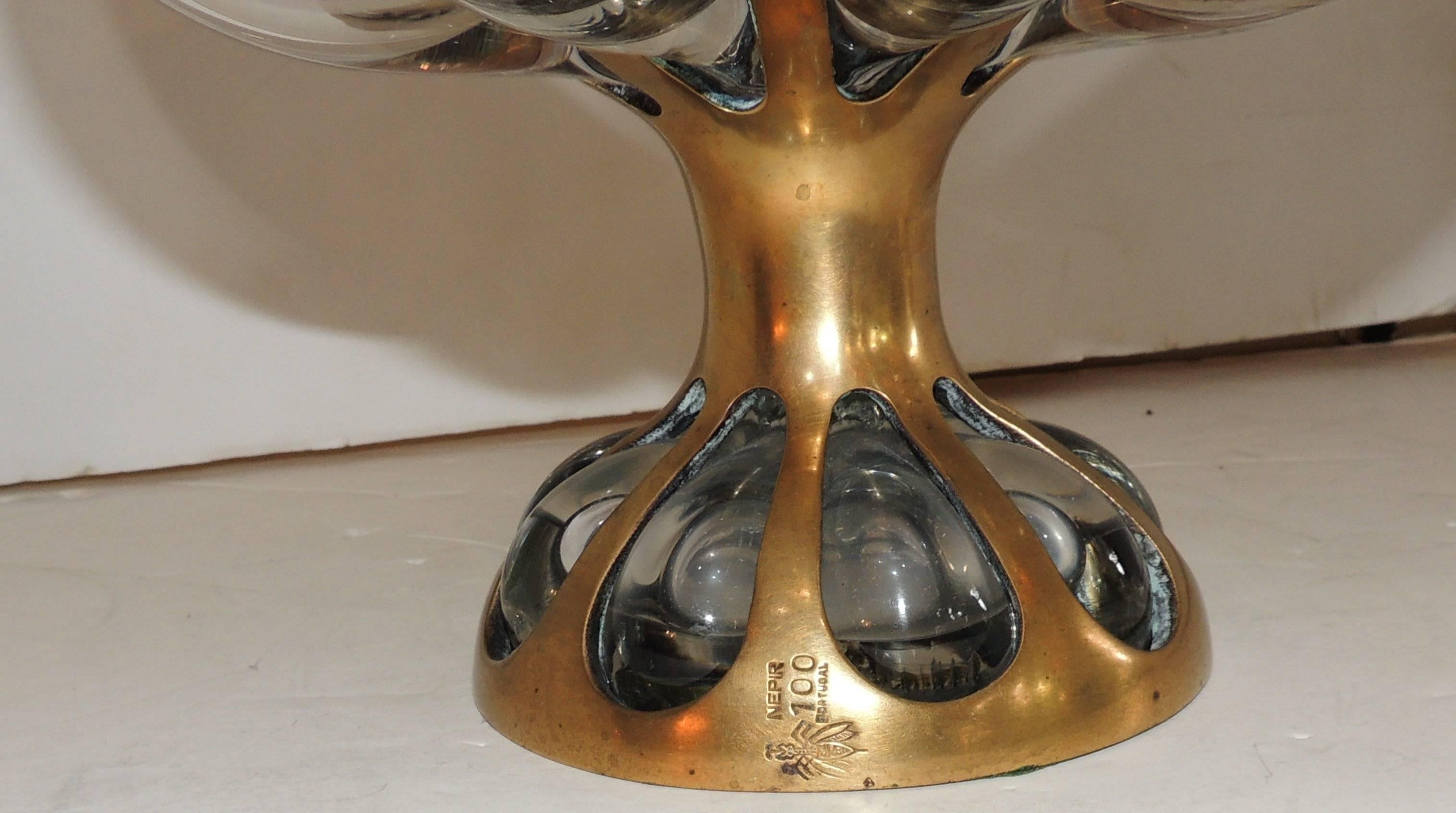 Mid-Century Modern Nepir Portugal Bubble Glass Bronze Pedestal Bowl Centerpiece 1