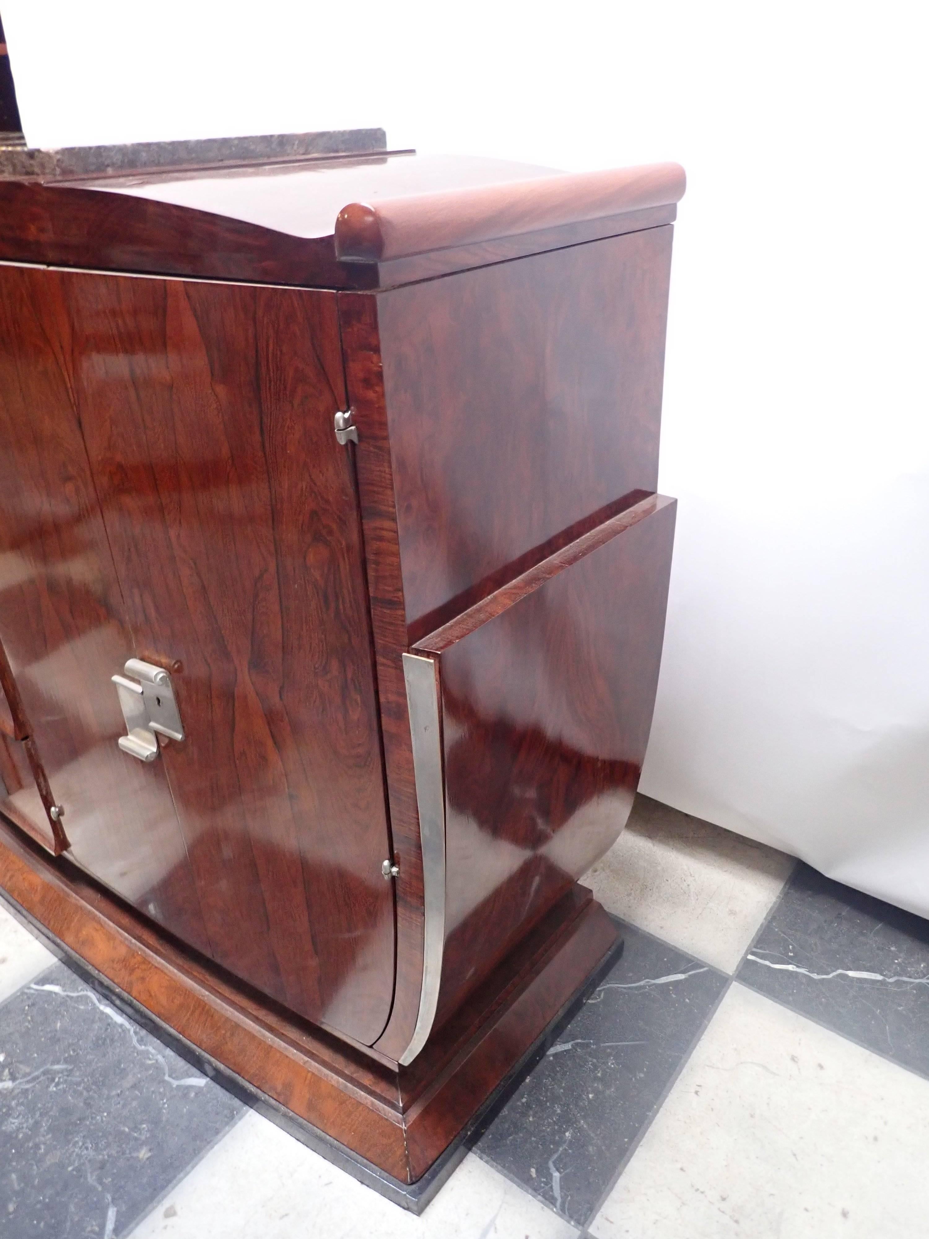 French Art Deco Marble U-Shaped Rosewood Buffet Side Board Dresser Cabinet In Good Condition In Roslyn, NY