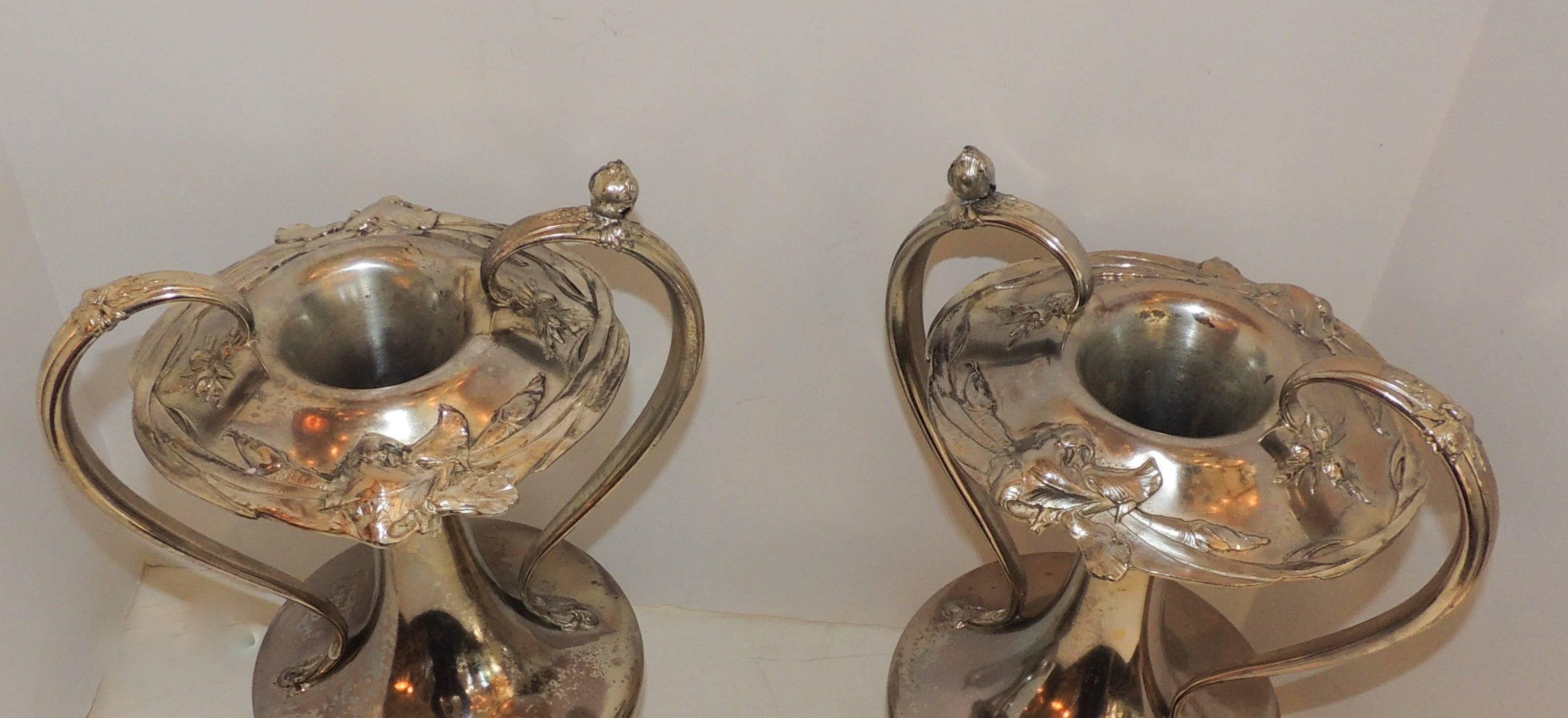 Large Pair of Reed & Barton Art Nouveau Silver Plate Urn Handle Vases WMF Urns In Good Condition For Sale In Roslyn, NY