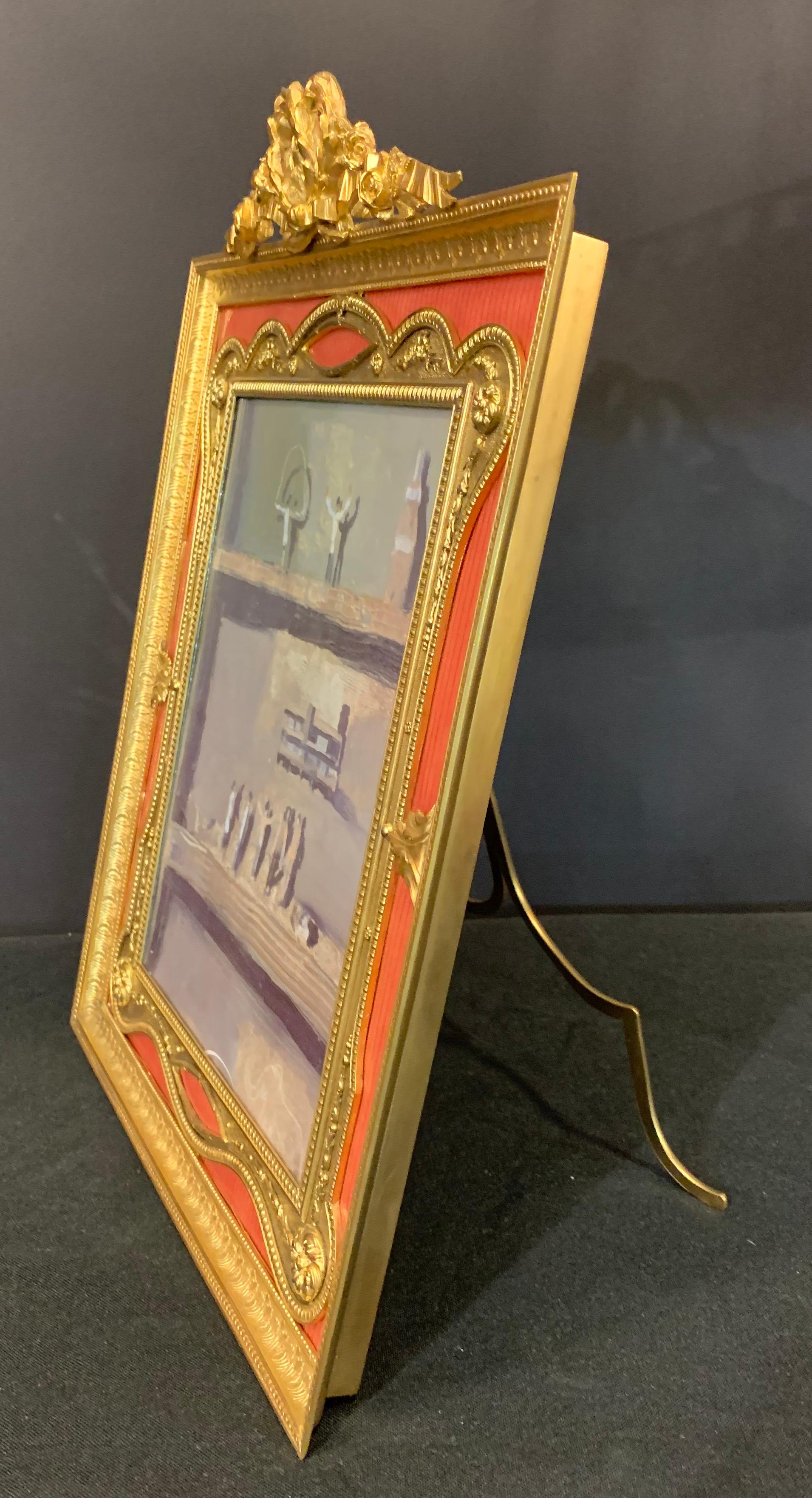 Wonderful French Gilt Bronze Salmon Pink Enamel Bow Top Picture Frame 1