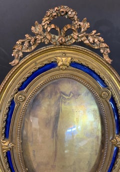 Wonderful French Gilt Bronze Blue Enamel Oval Bow Top Picture Frame