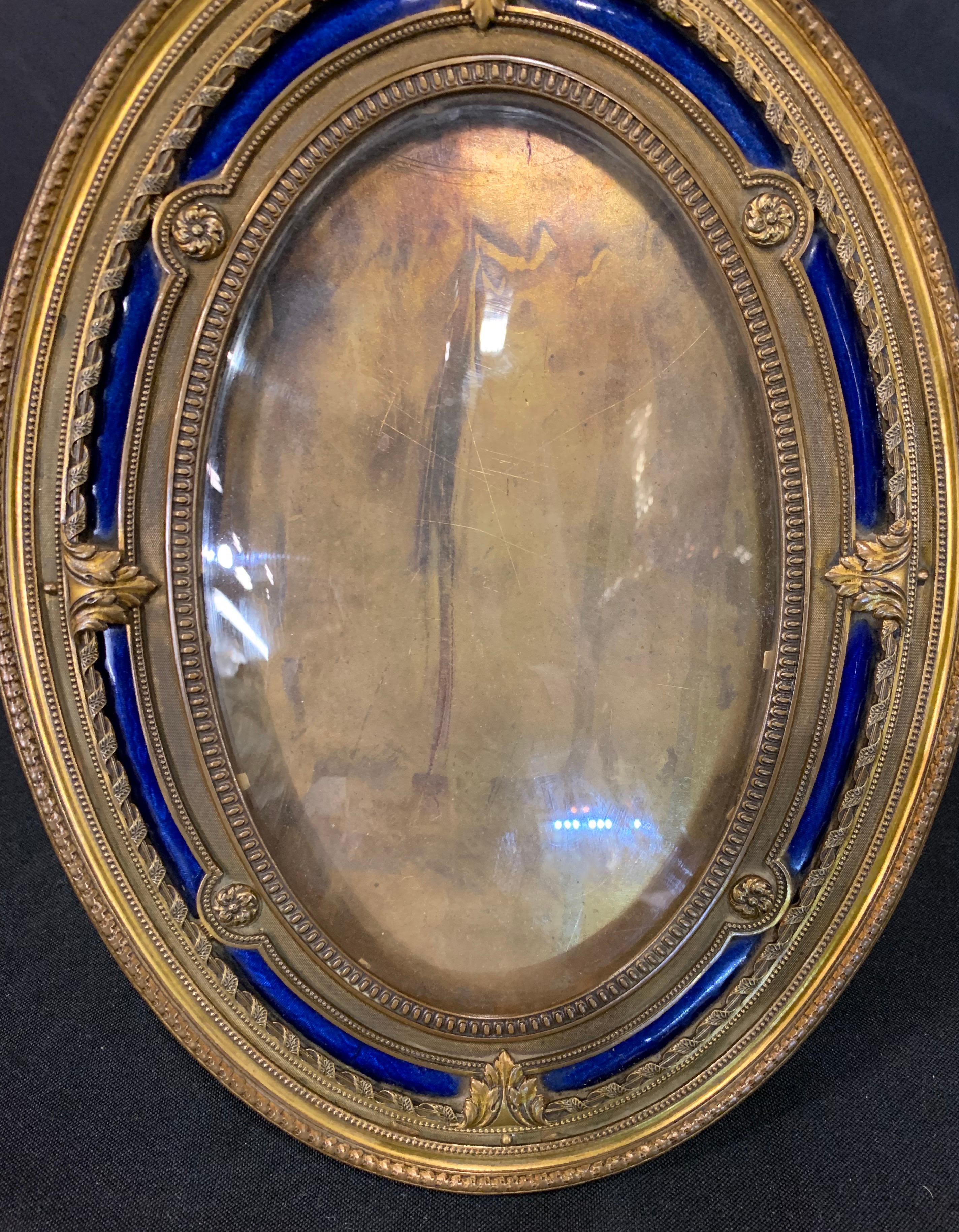 Wonderful French Gilt Bronze Blue Enamel Oval Bow Top Picture Frame (Belle Époque)