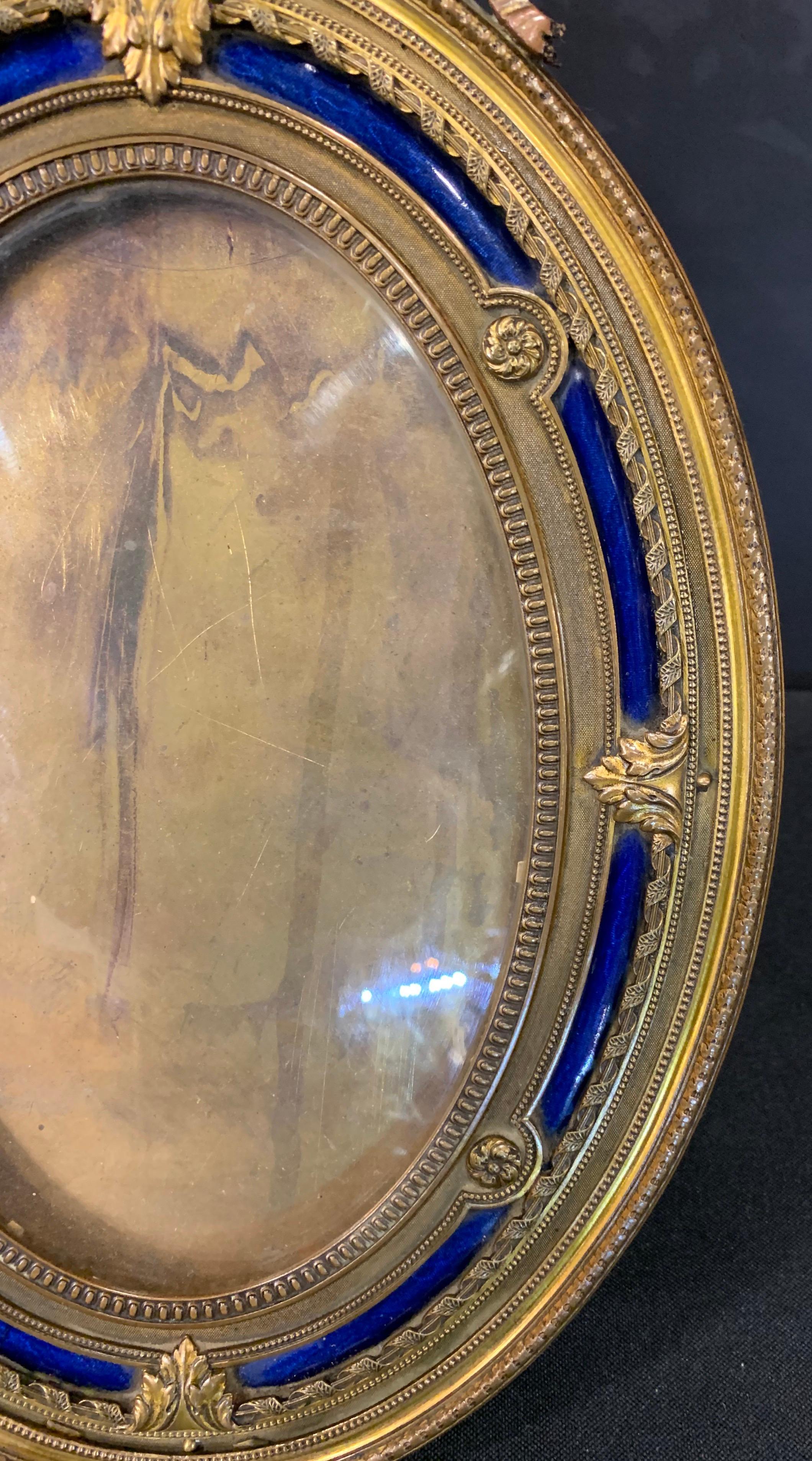 20th Century Wonderful French Gilt Bronze Blue Enamel Oval Bow Top Picture Frame