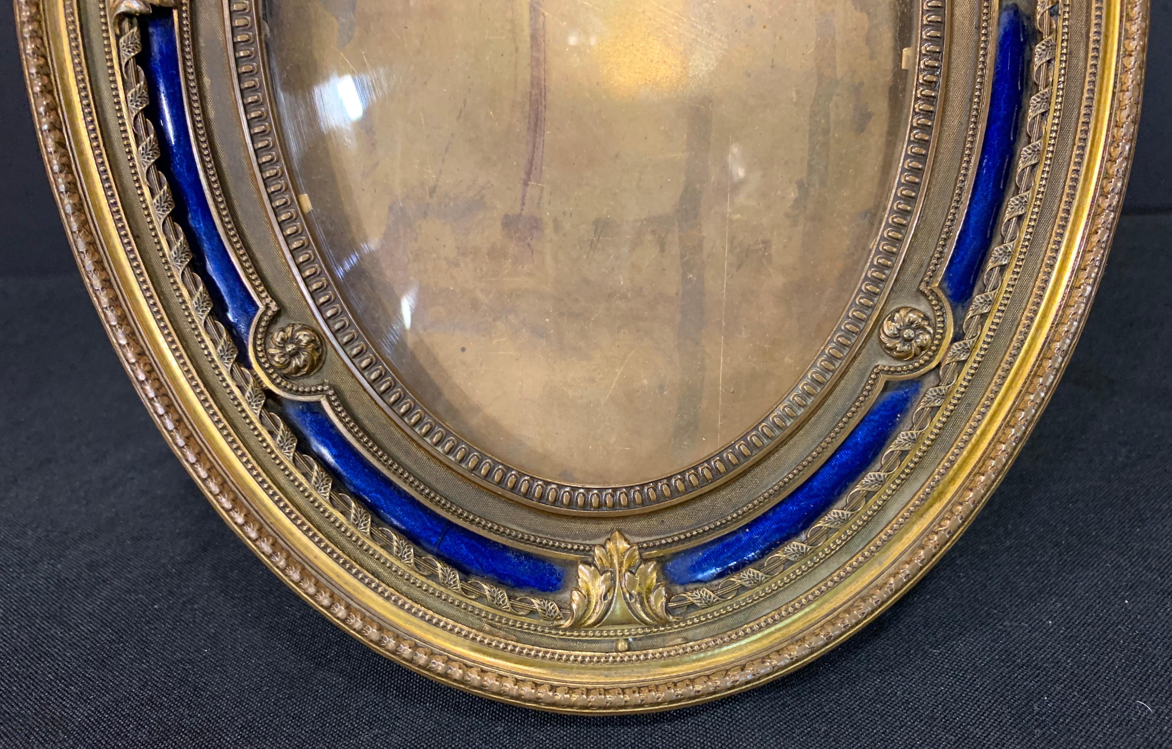 Wonderful French Gilt Bronze Blue Enamel Oval Bow Top Picture Frame 1