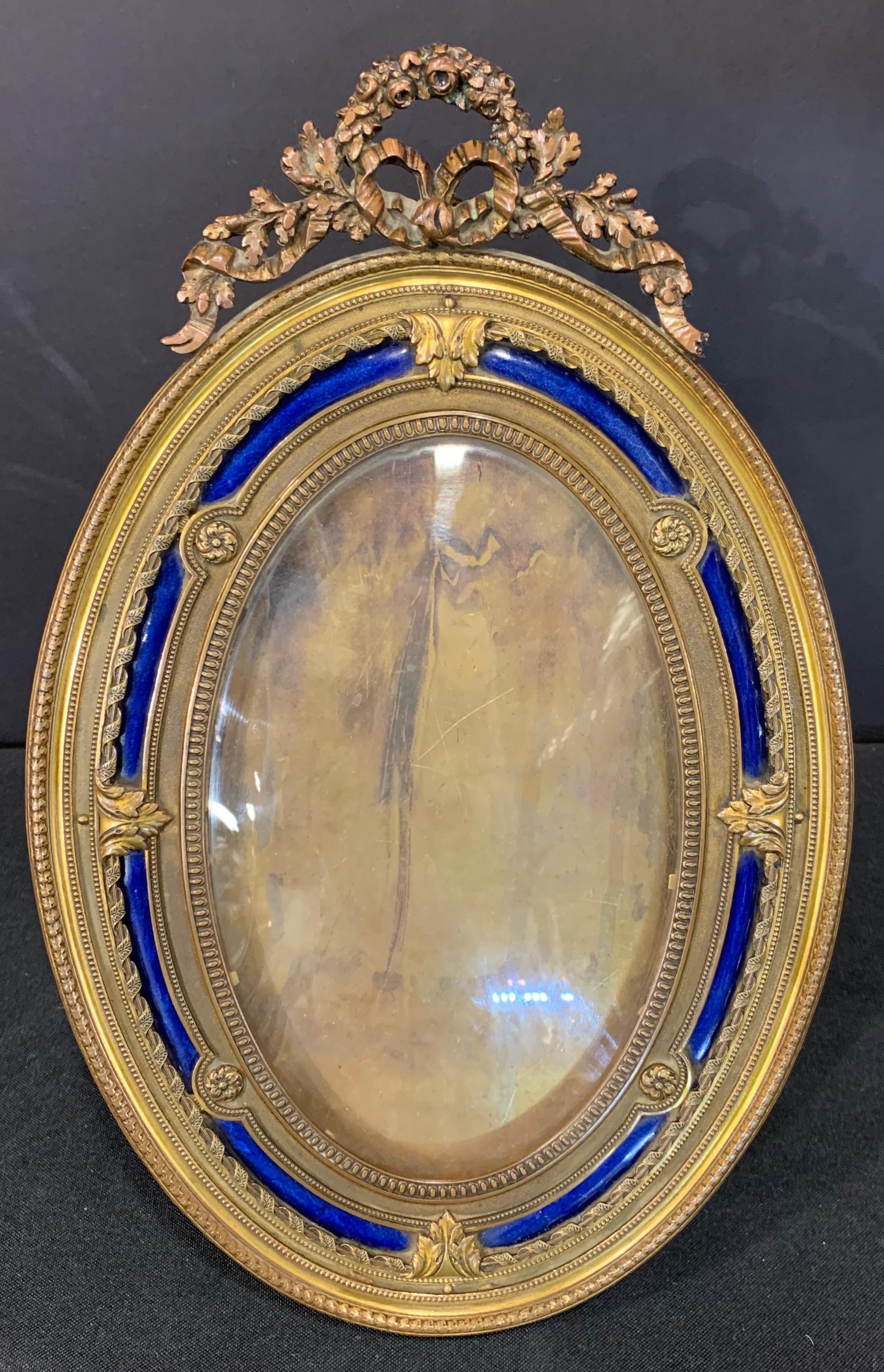 Wonderful French Gilt Bronze Blue Enamel Oval Bow Top Picture Frame 4