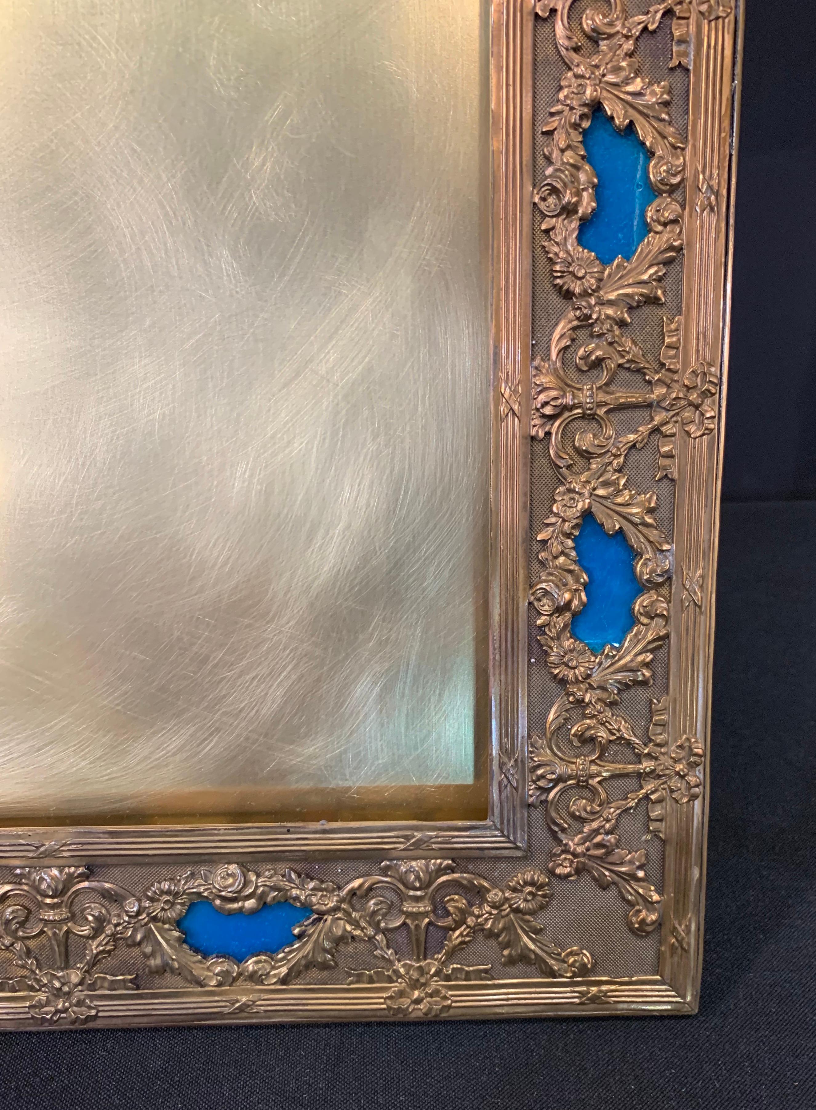 Wonderful French Large Blue Enamel Bronze Bow Swag Picture Frame In Good Condition For Sale In Roslyn, NY