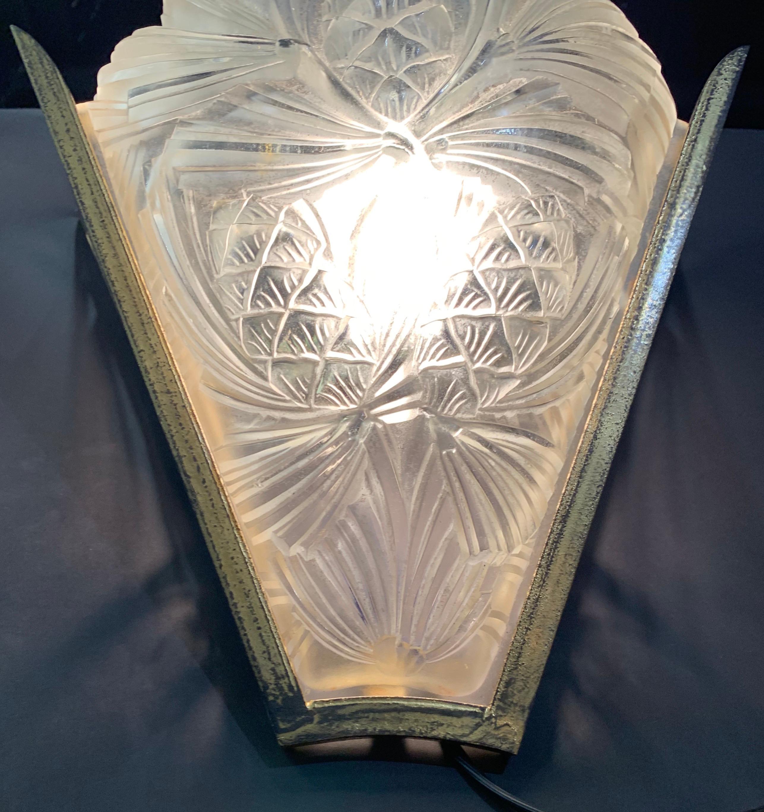 Art Glass Wonderful Pair of French Art Deco Slip Shade Glass Degue Wall Sconces For Sale