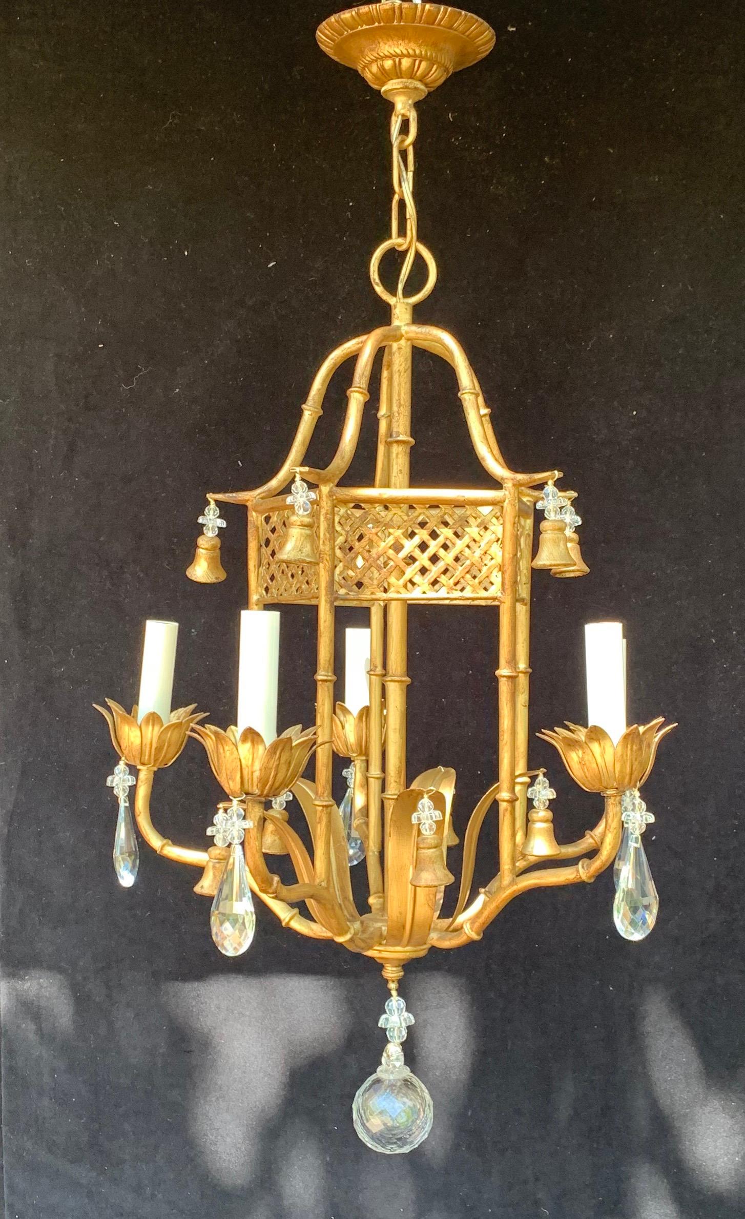 A wonderful French Baguès style tole gold giltwood bells crystal bead flower pagoda chinoiserie 5 candelabra light chandelier.