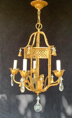 Wonderful French Baguès Tole Crystal Bead Flower Pagoda Chinoiserie Chandelier