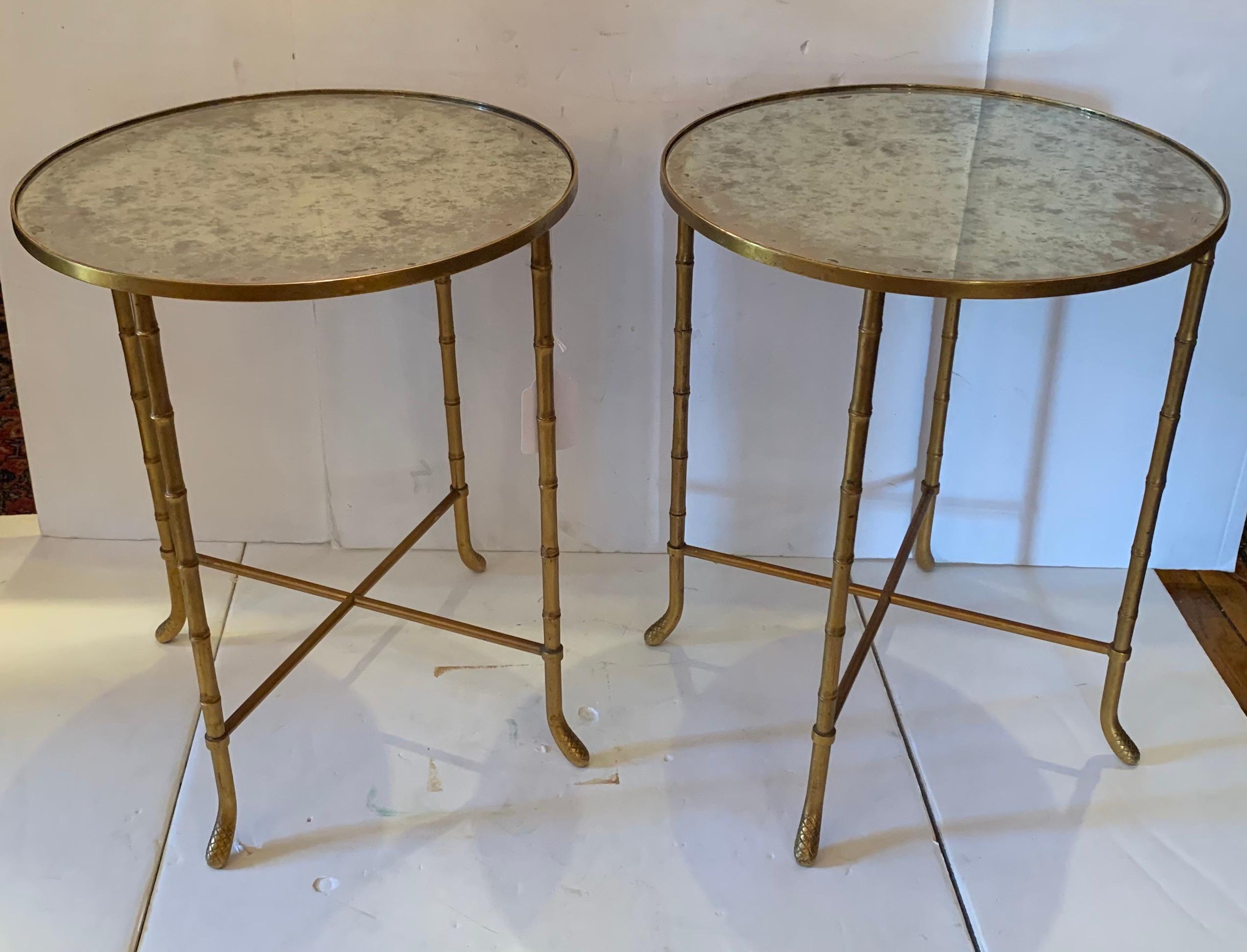Wonderful Pair Vintage Bagues Mirrored Top Gold Gilt Brass Bamboo Side Tables In Good Condition In Roslyn, NY