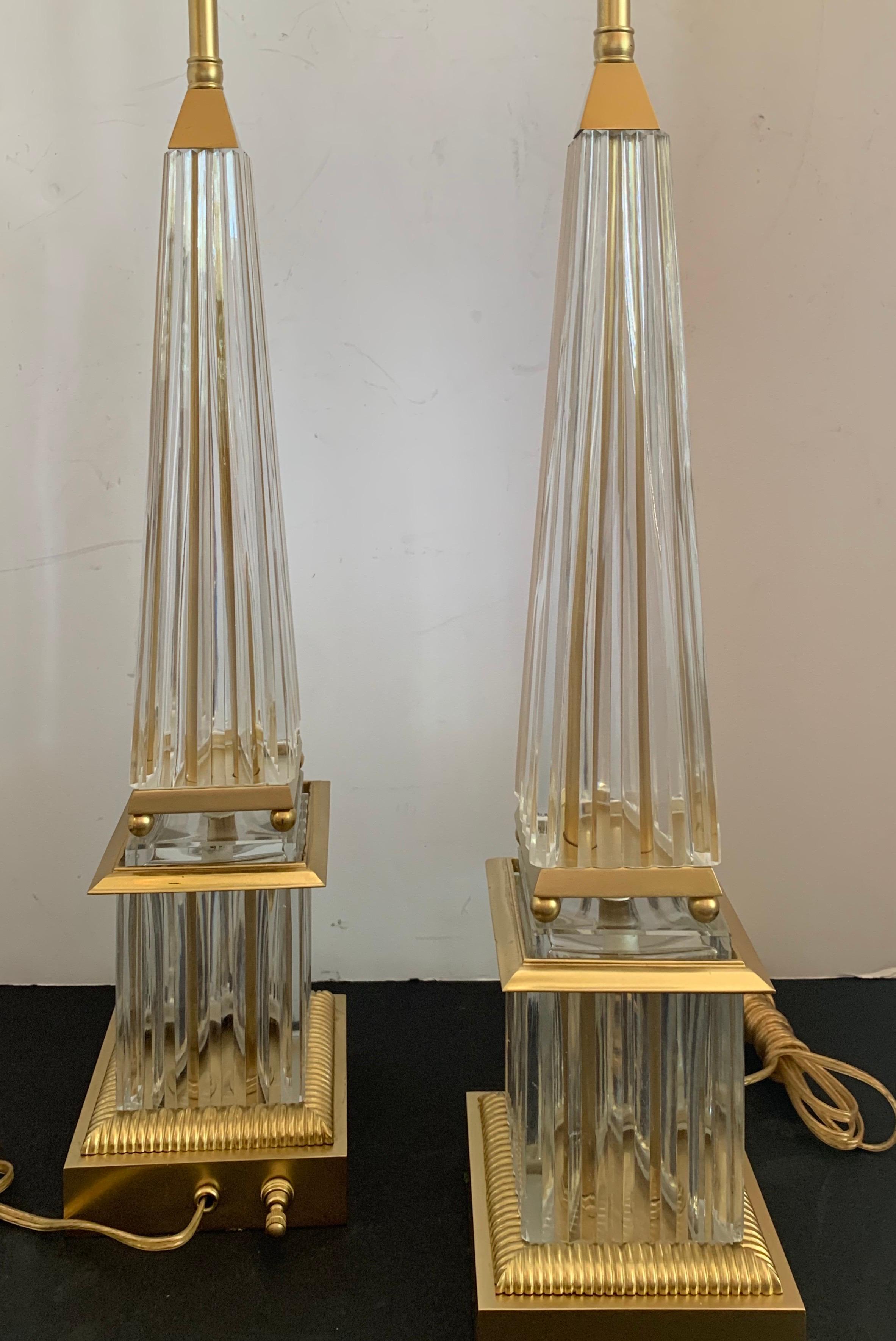 20th Century Mid-Century Modern Pair of Art Glass Crystal Pyramid Brass Bronze Obelisk Lamps