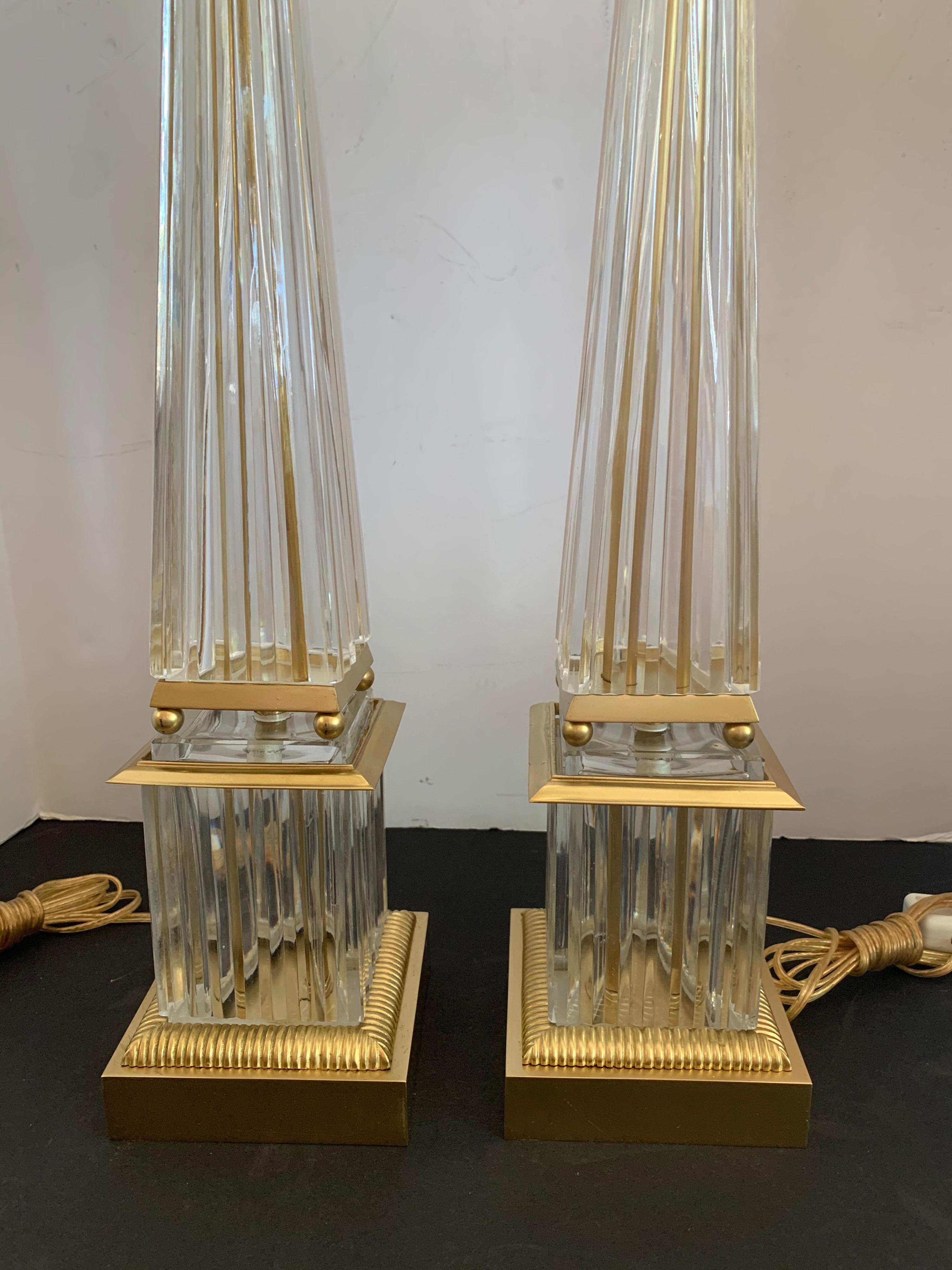 Mid-Century Modern Pair of Art Glass Crystal Pyramid Brass Bronze Obelisk Lamps 2