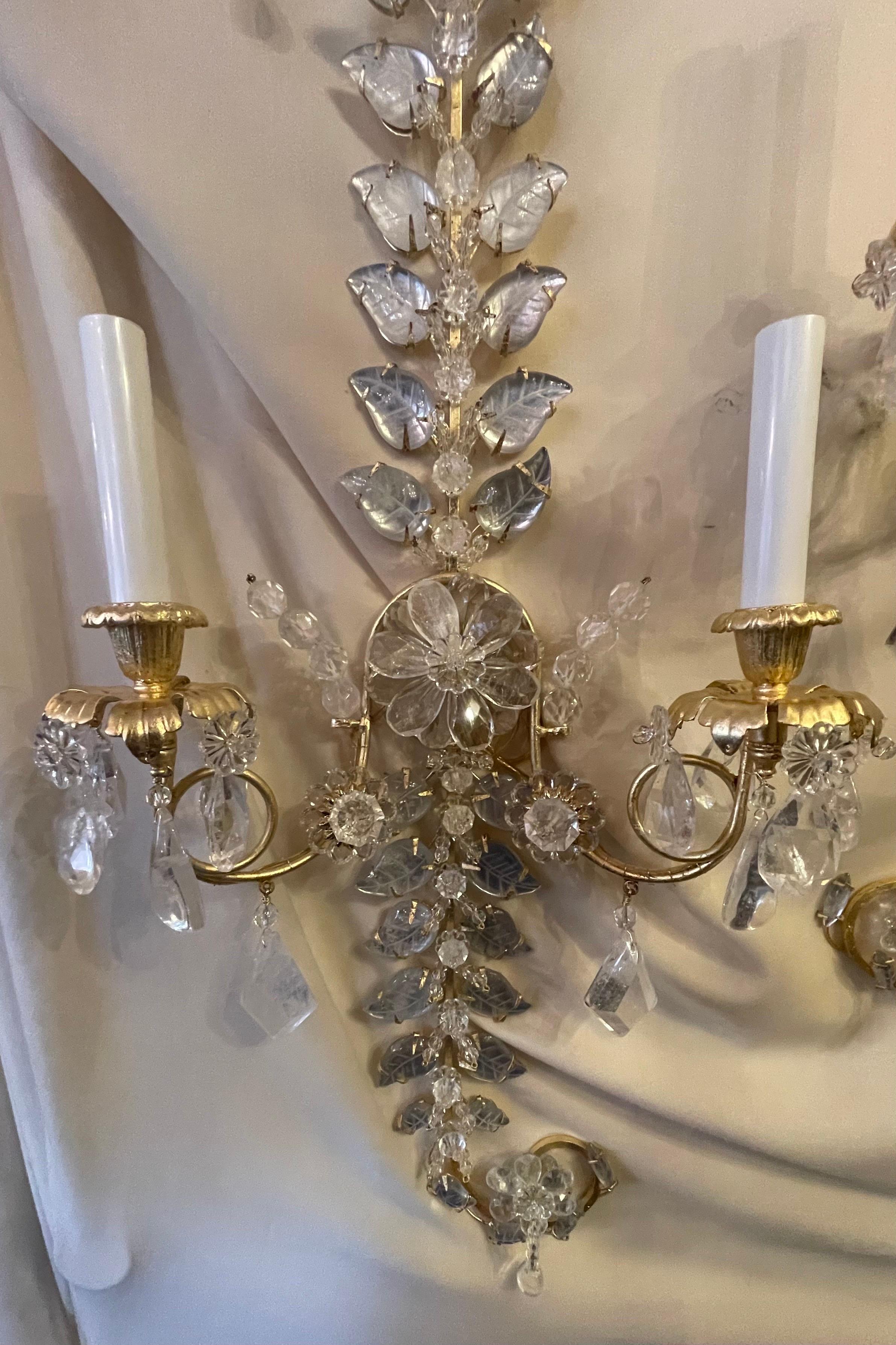 Wonderful Pair French Gold Gilt Rock Crystal Leaf Paisley Maison Baguès Sconces In Good Condition For Sale In Roslyn, NY