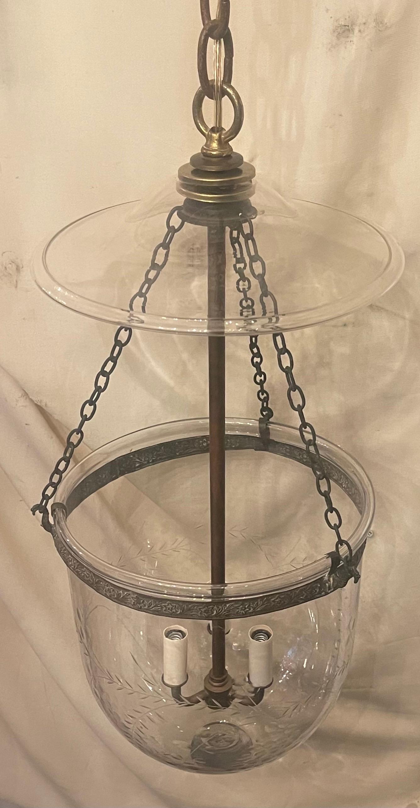 A Wonderful Vintage Etched Glass With Leaves & Grape Vine Large Bell Jar Lantern With Brass Hardware In The Manner Of Vaughan, This Fixture Has A 3 Candelabra Light Cluster On The Inside.
The Top Glass Shade Has A Tiny Hairline Pictured But Not