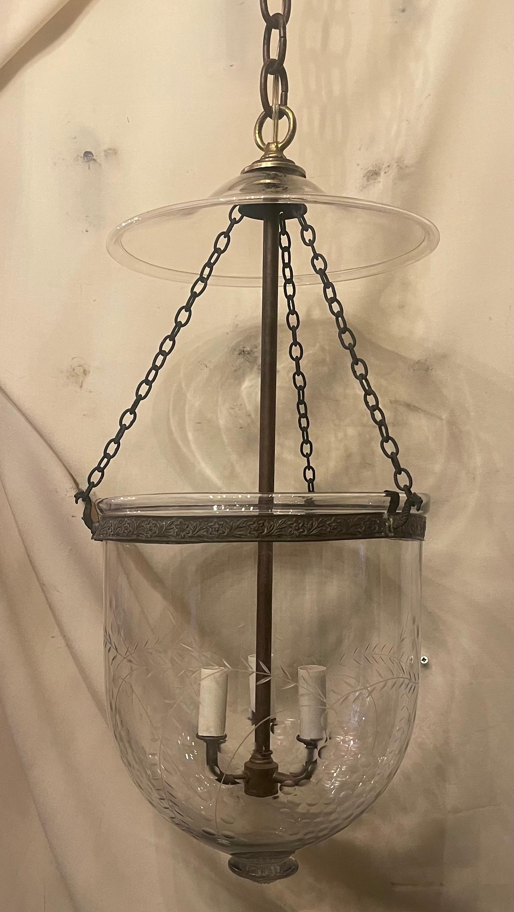 Vintage Etched Glass Leaves Grape Vine Bell Jar Lantern Brass Vaughan Fixture 1