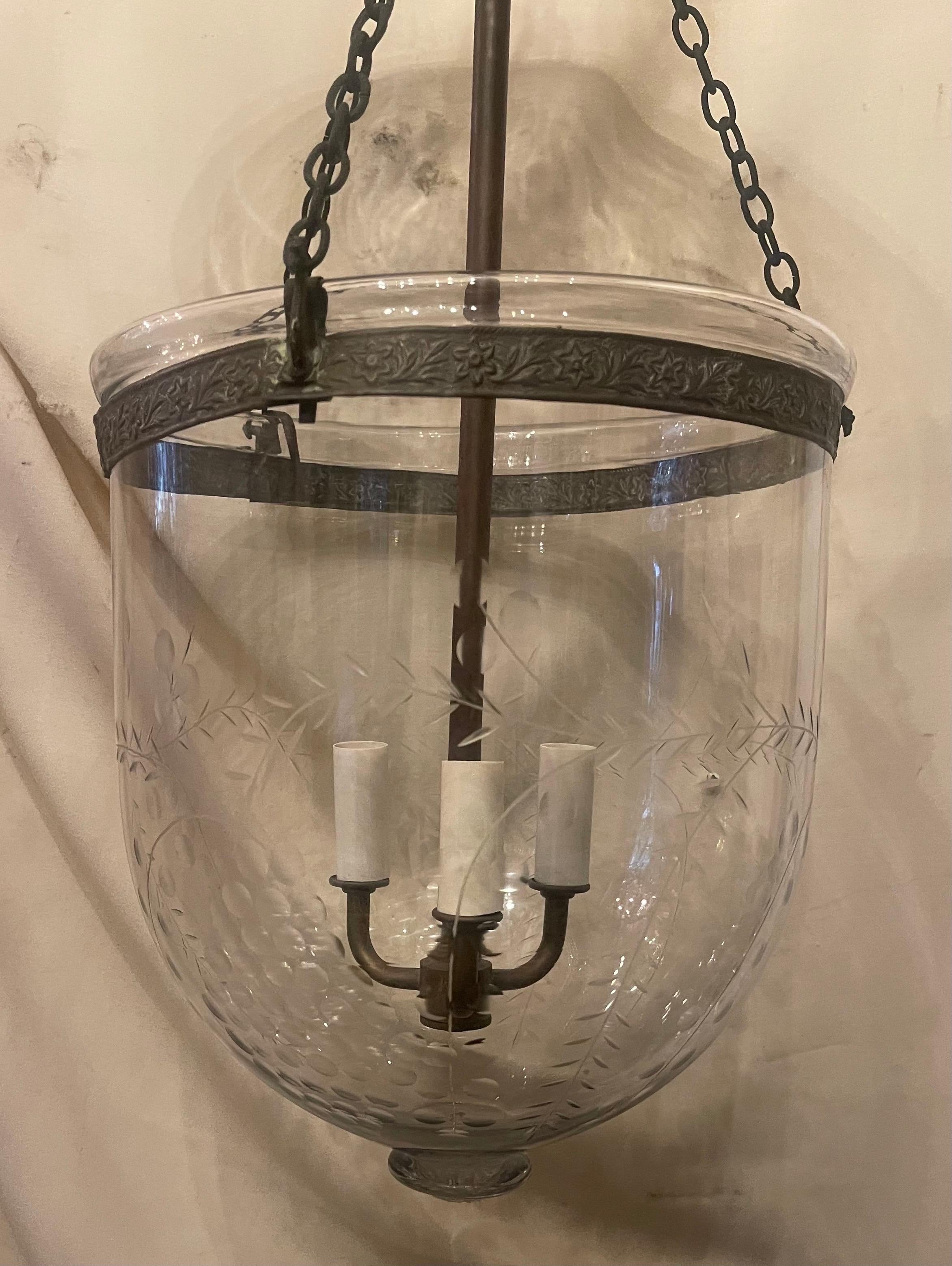 Vintage Etched Glass Leaves Grape Vine Bell Jar Lantern Brass Vaughan Fixture 2