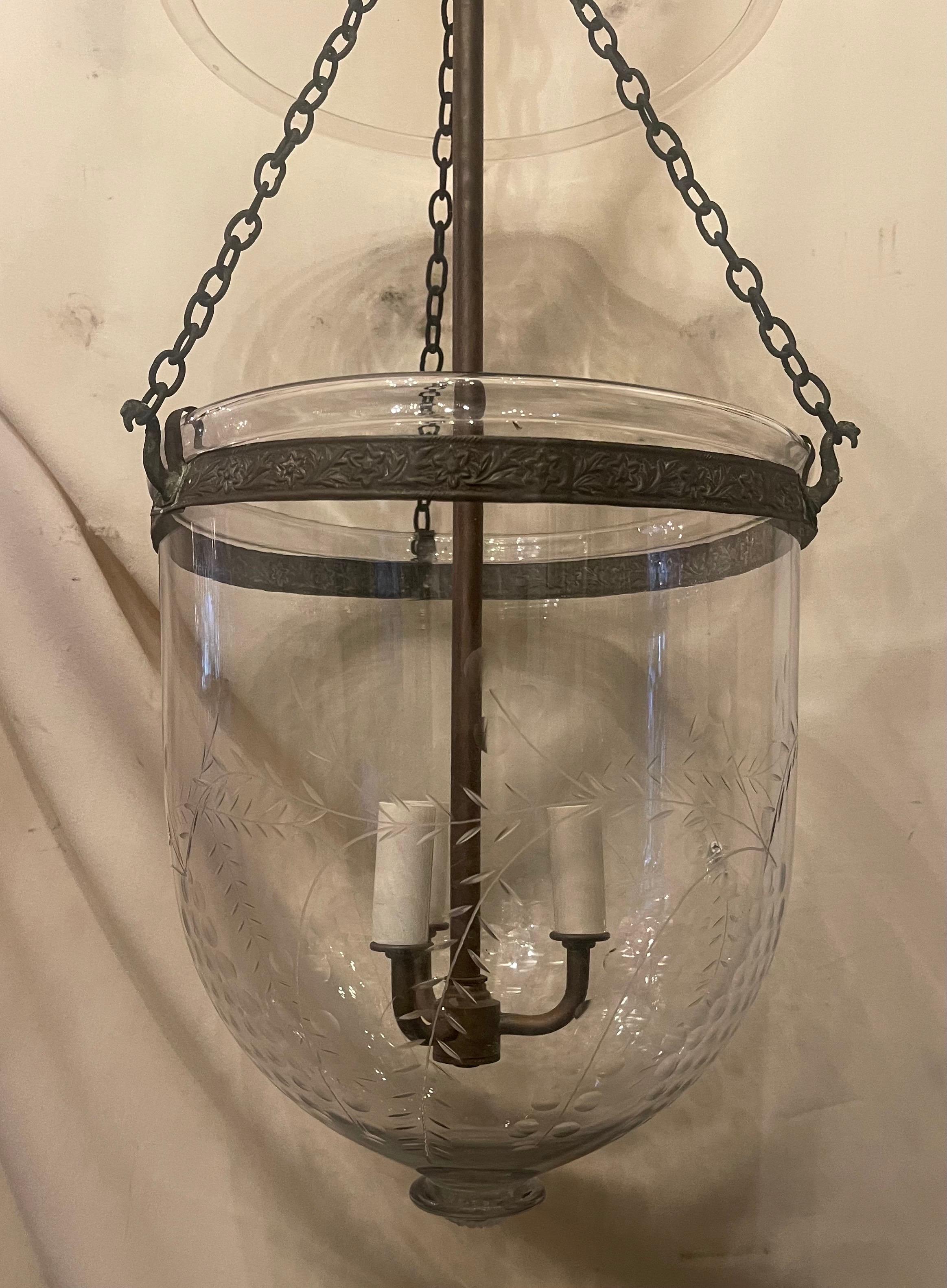 Vintage Etched Glass Leaves Grape Vine Bell Jar Lantern Brass Vaughan Fixture 3